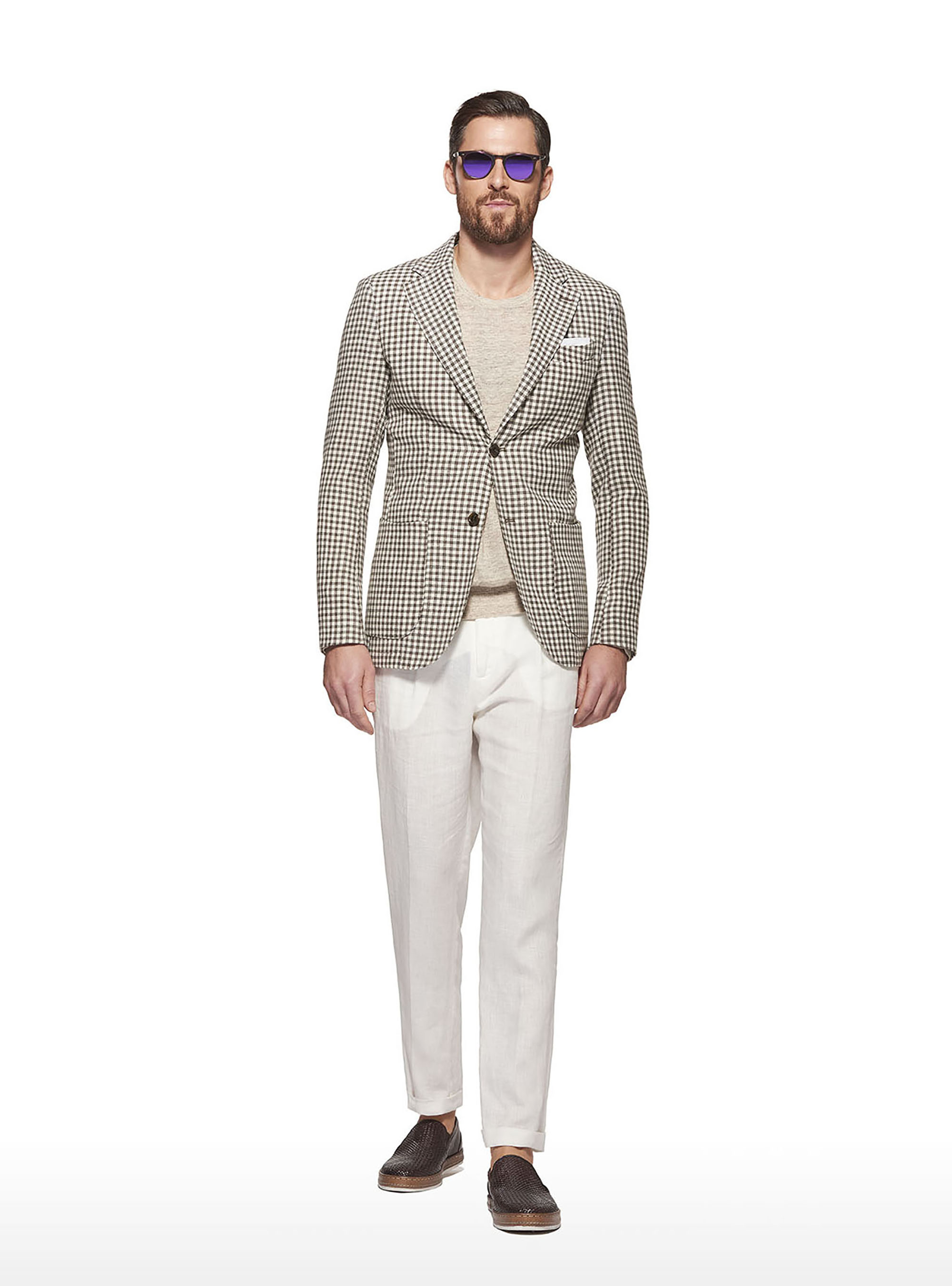 Giacca a quadretti in lana lino e cotone, MARRONE