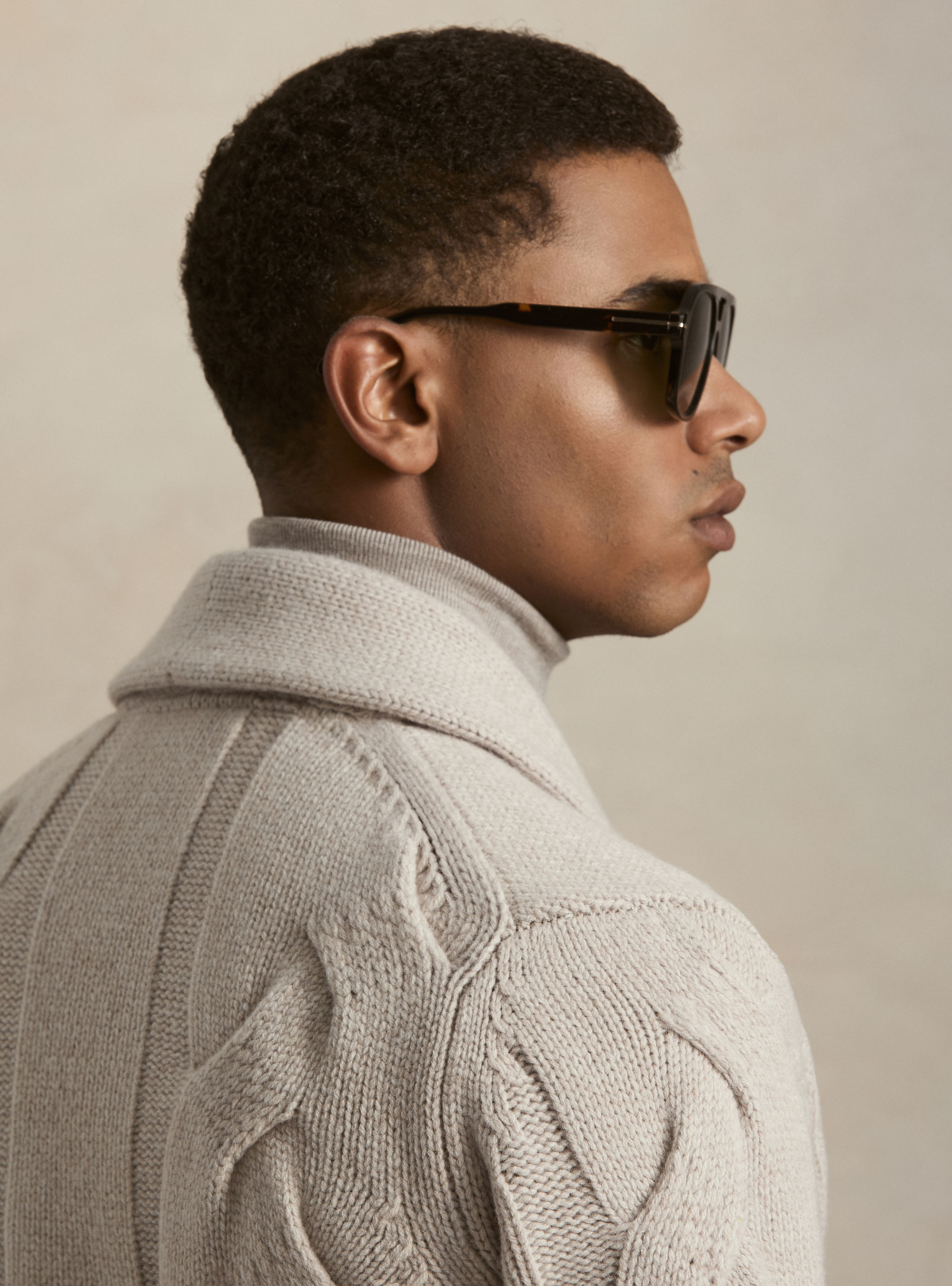 Cable-knit shawl collar lambswool-cashmere cardigan, ECRU