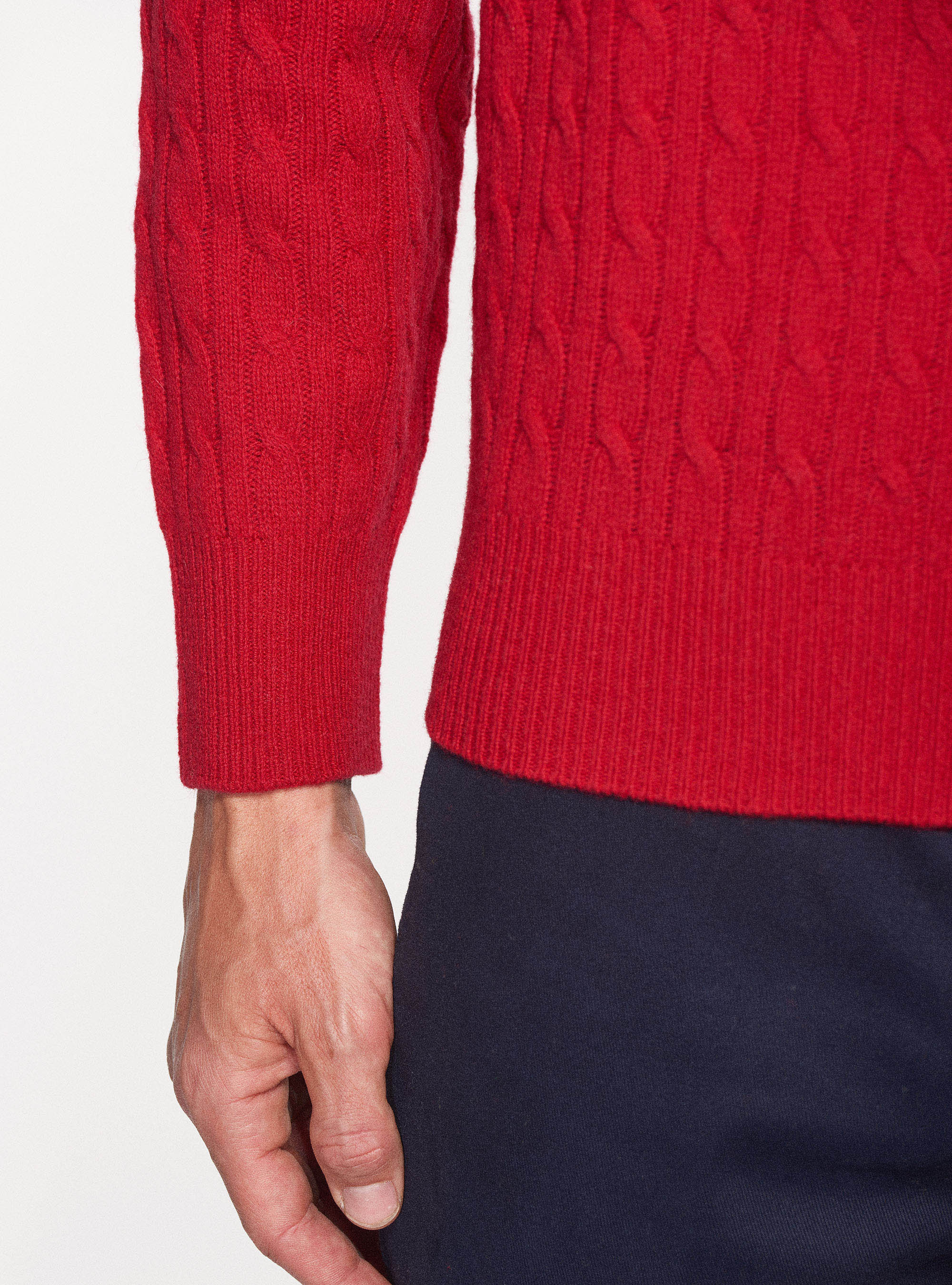 Maglia treccia girocollo in lana lambswool e cashmere, ROSSO