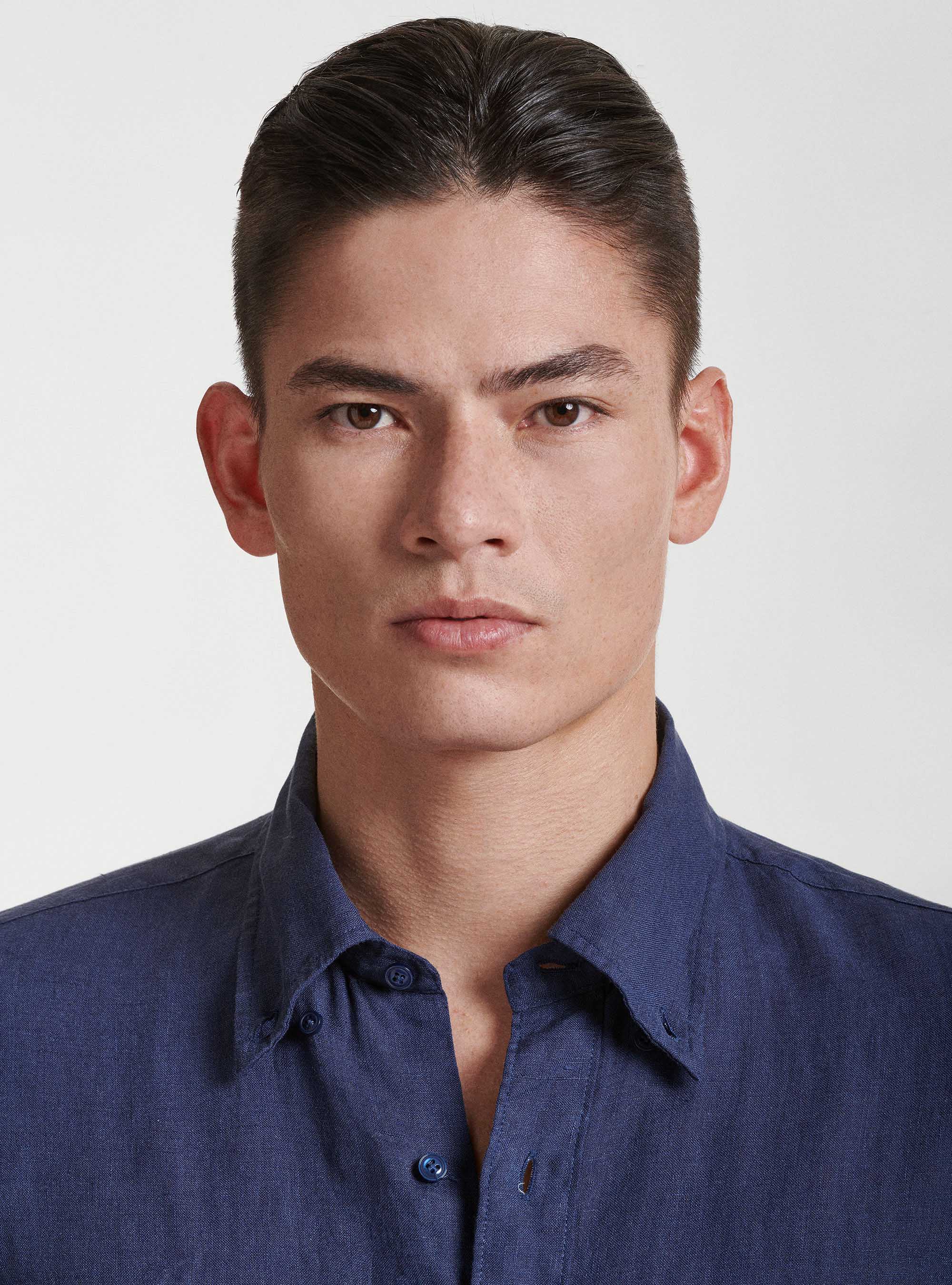 Button-down collar shirt in pure linen, NAVY BLUE