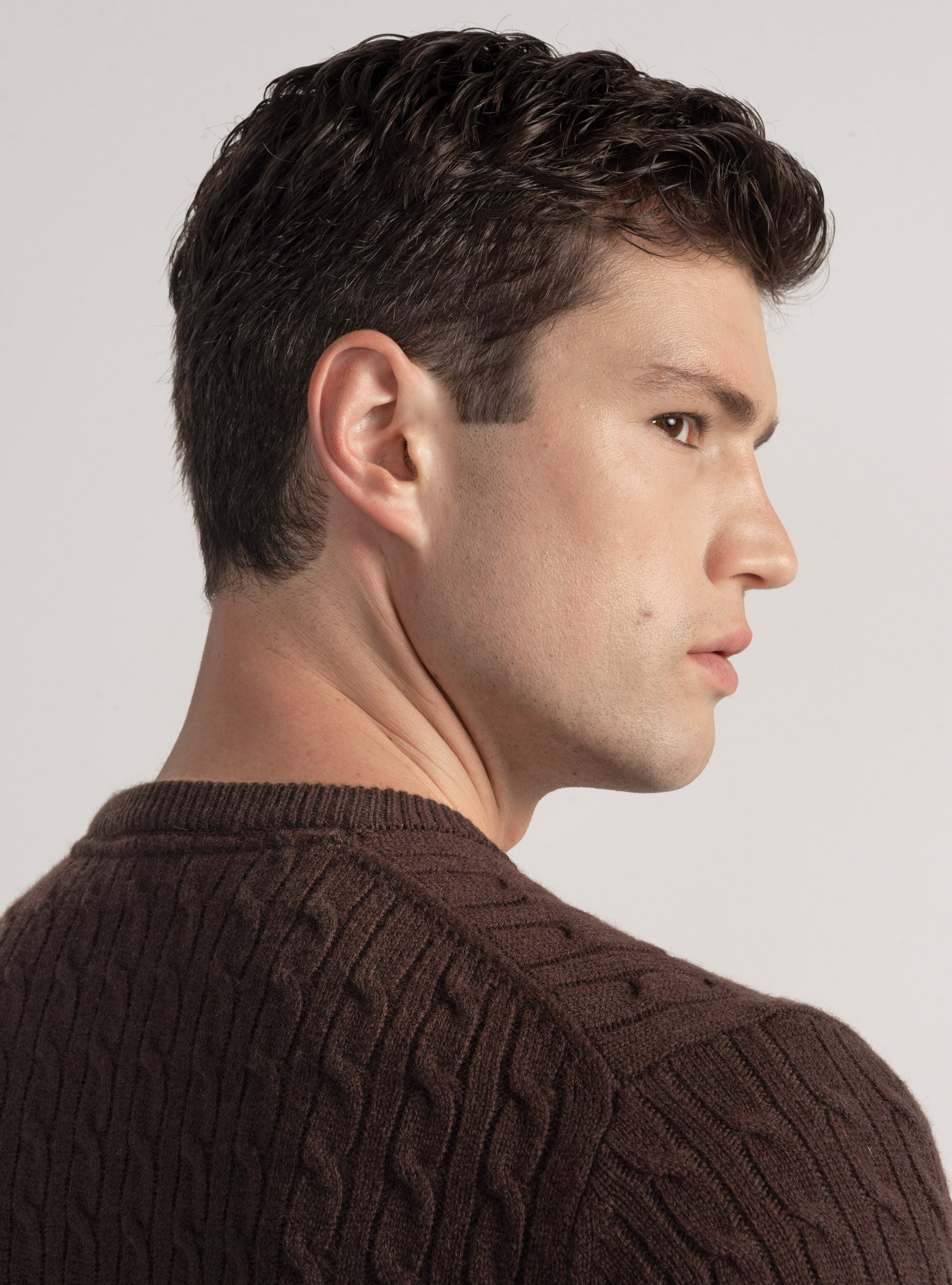 Crew-neck sweater with wool and cashmere braid, BROWN