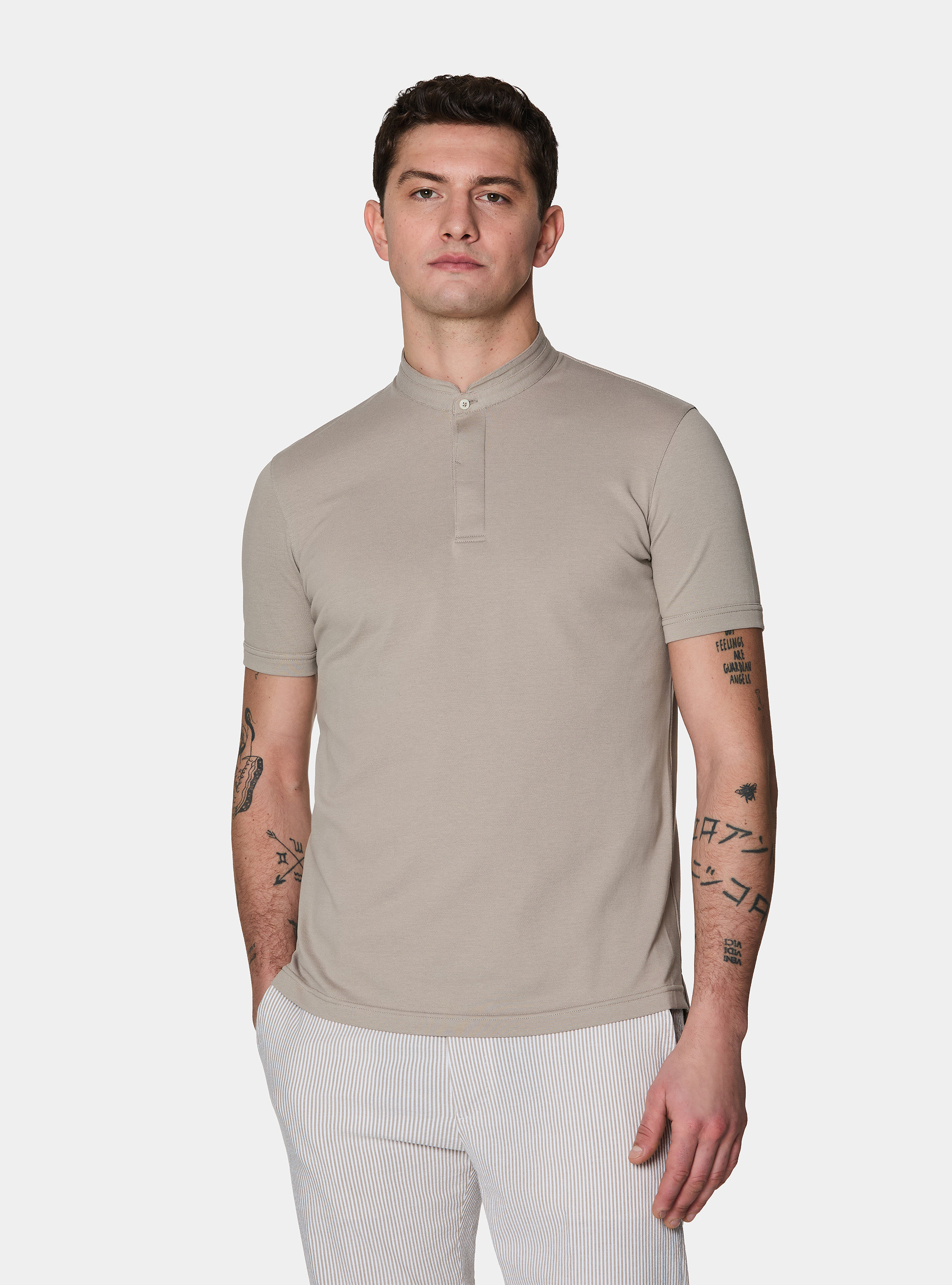 Polo collo coreano in misto cotone stretch, SABBIA 0591C