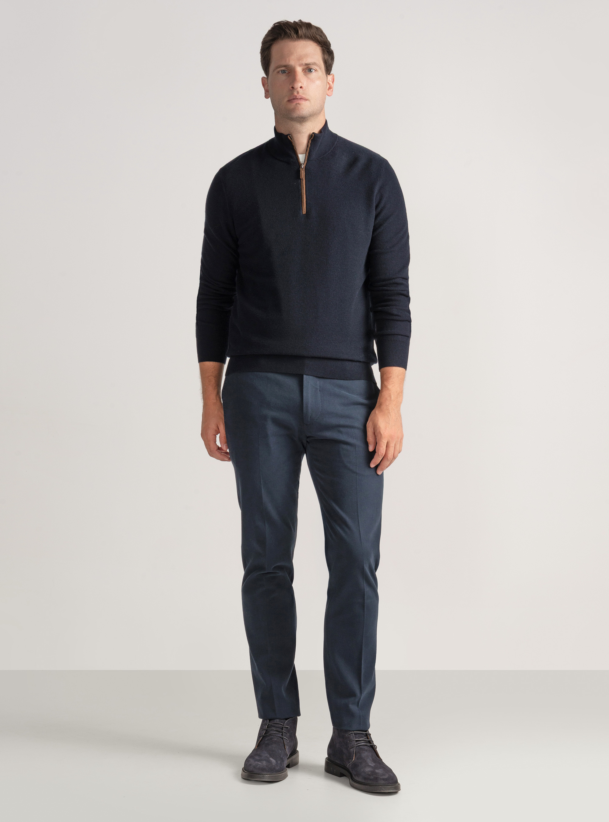 Maglia mock neck nido d'ape in cotone cashmere, BLU NAVY