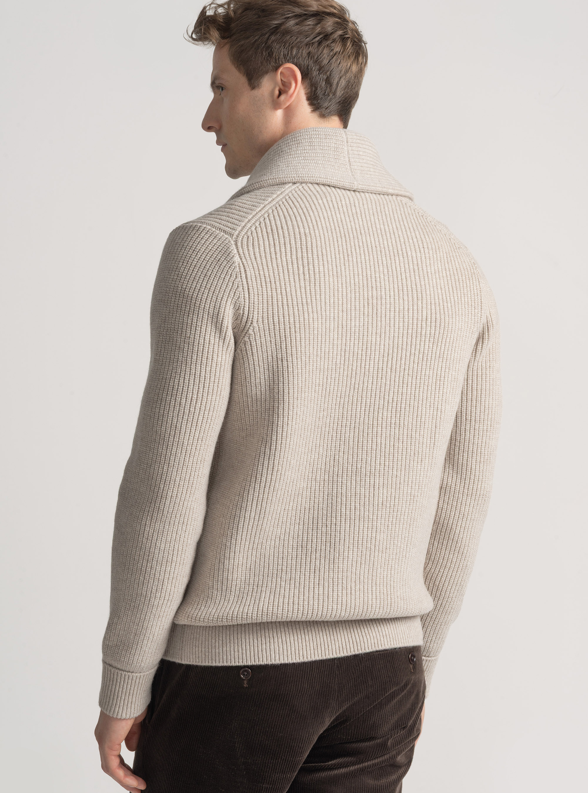 Cardigan in maglia sciallata in lana merino, ECRU