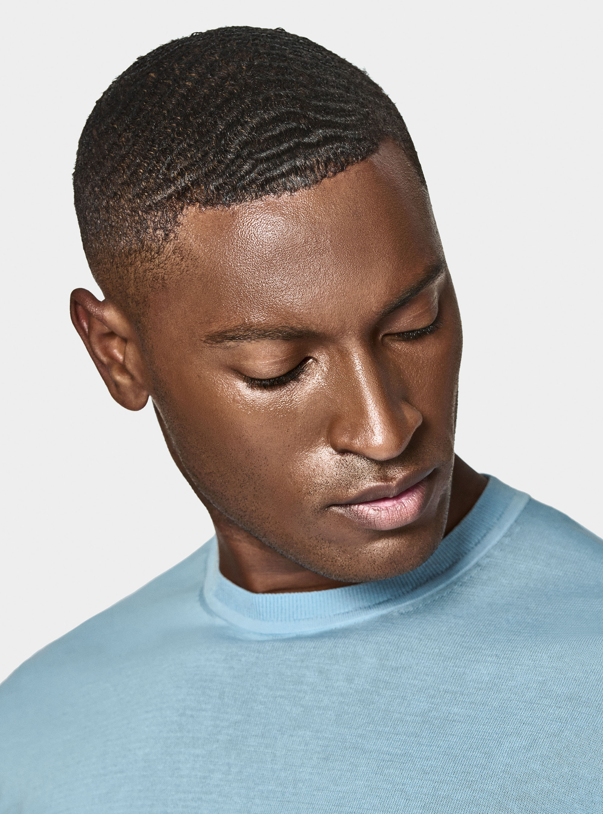 Punto de algodón y seda con cuello redondo, CELESTE