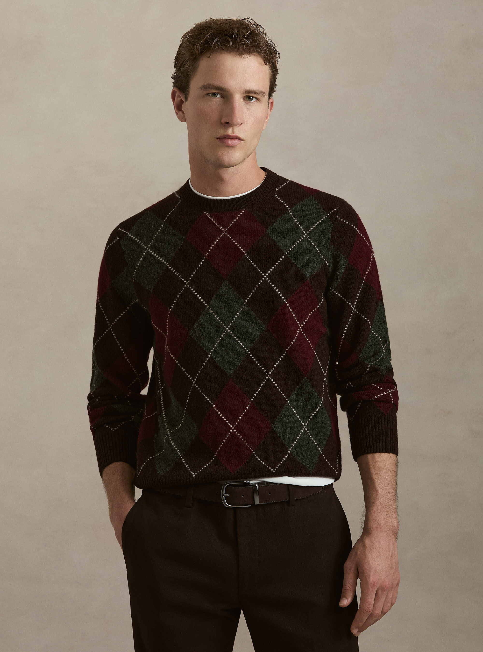 Full intarsia sweater made of Shetland wool, BROWN