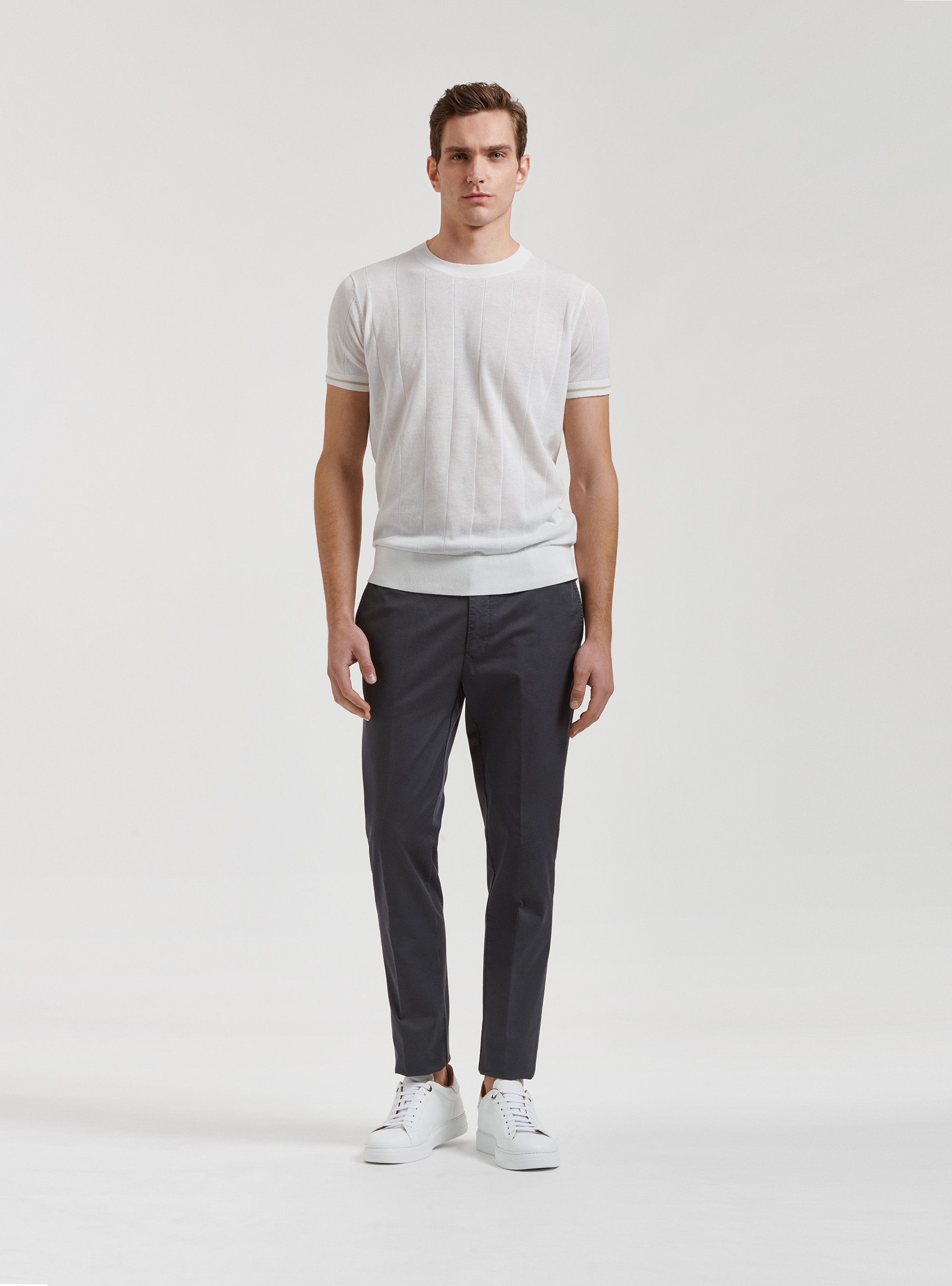 Maglia in puro cotone in costa piatta, BIANCO