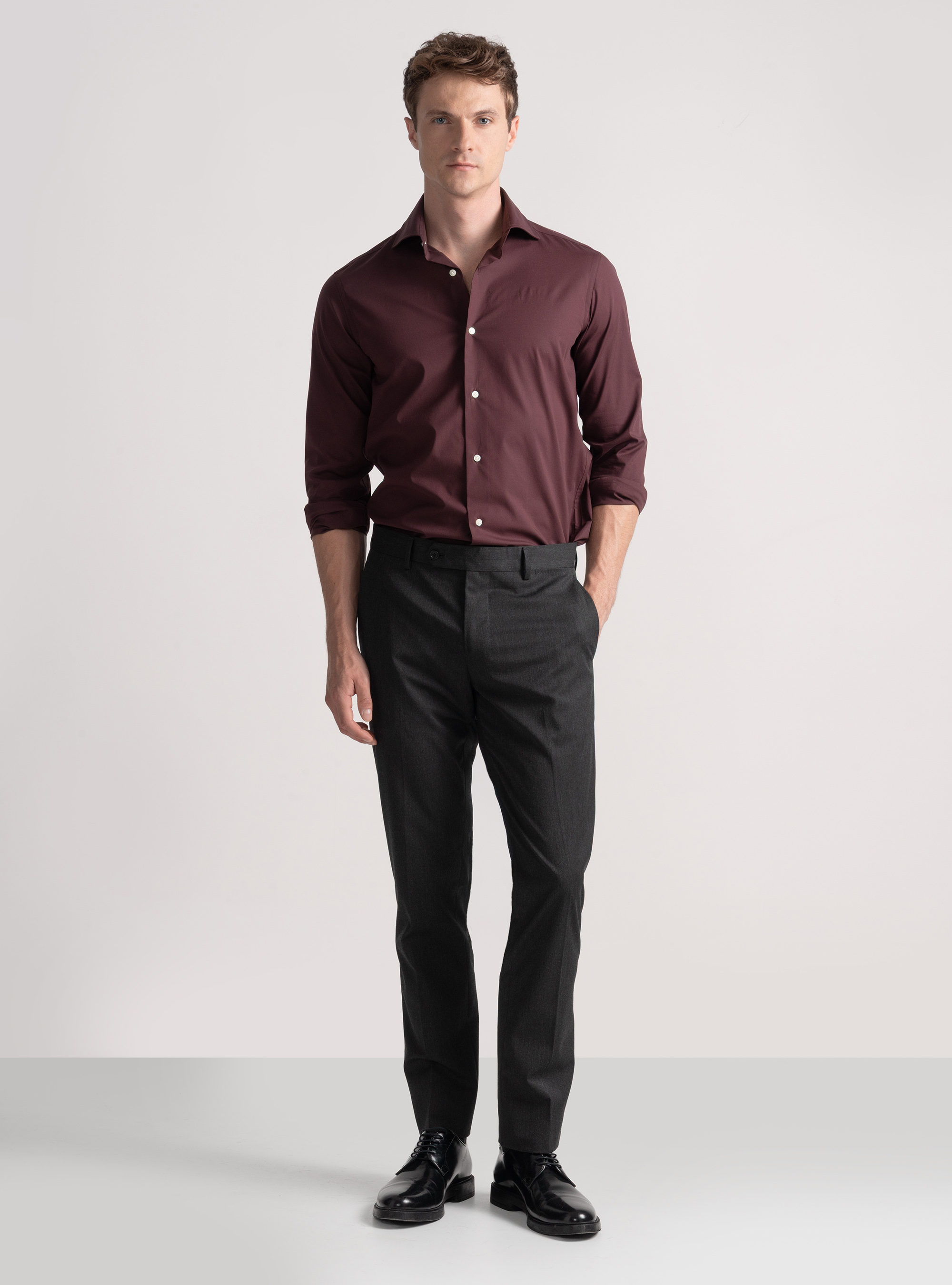 Cotton poplin stretch shirt, BORDEAUX