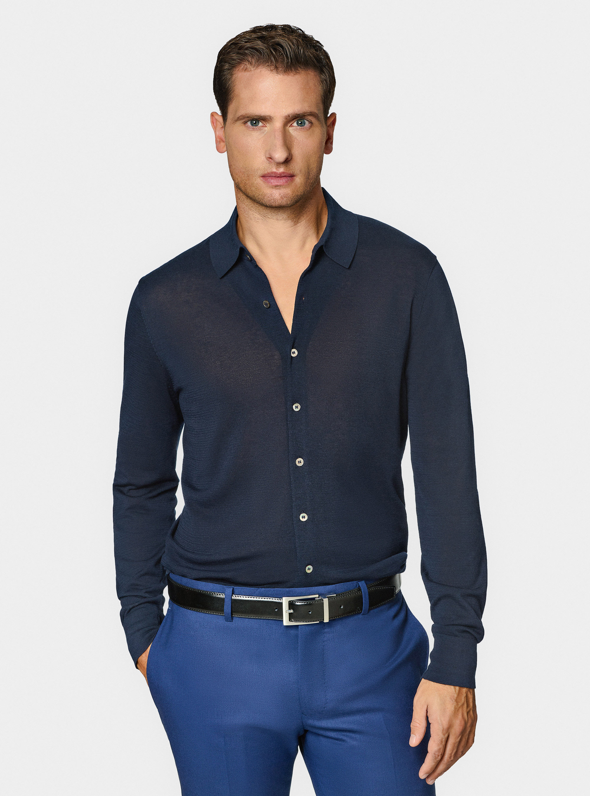 Polo en tricot de coton et de soie, BLEU MARINE