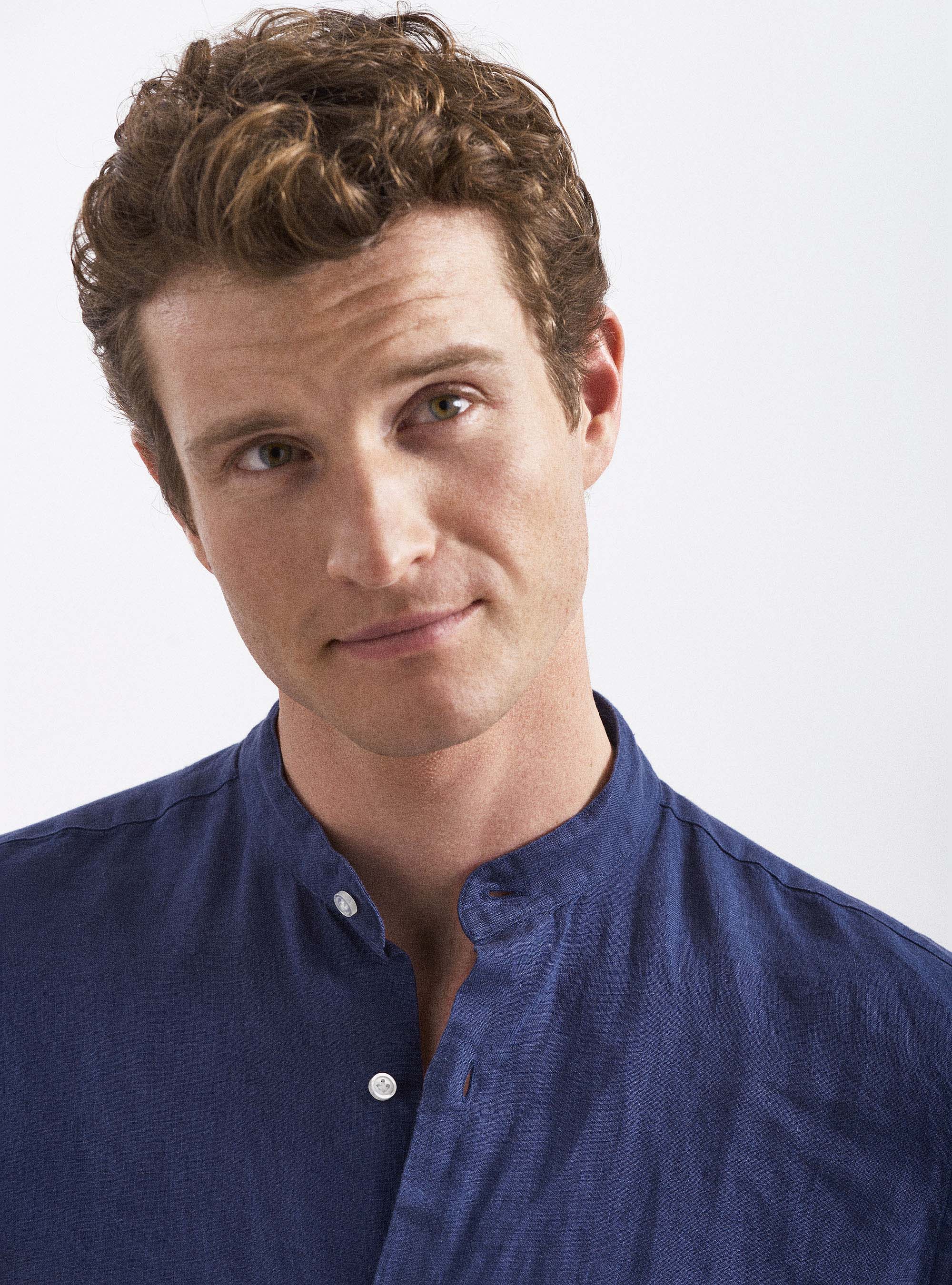 Camicia coreana in puro lino, BLU NAVY