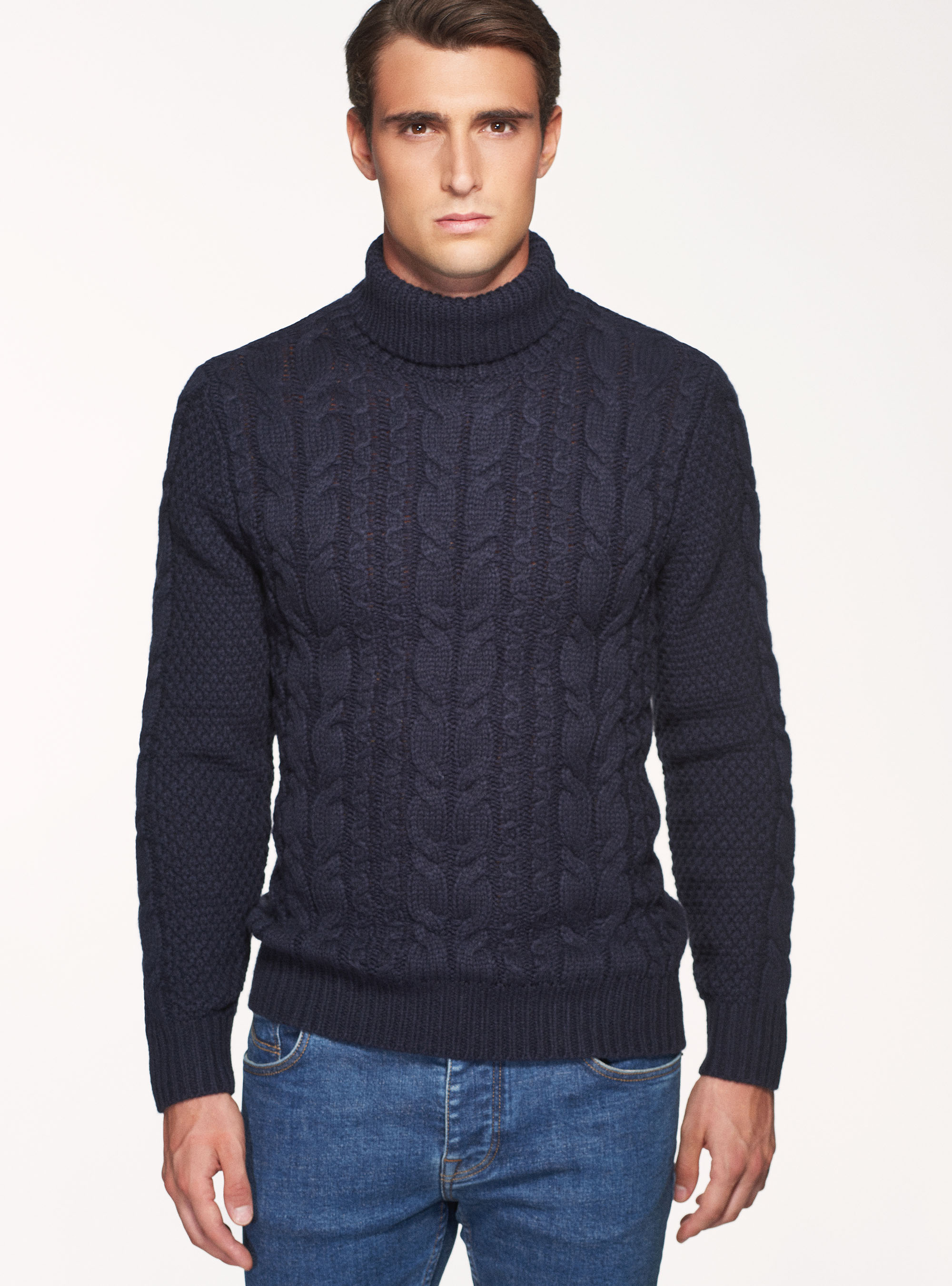 Maglia collo alto in misto lana a treccia, BLU NAVY