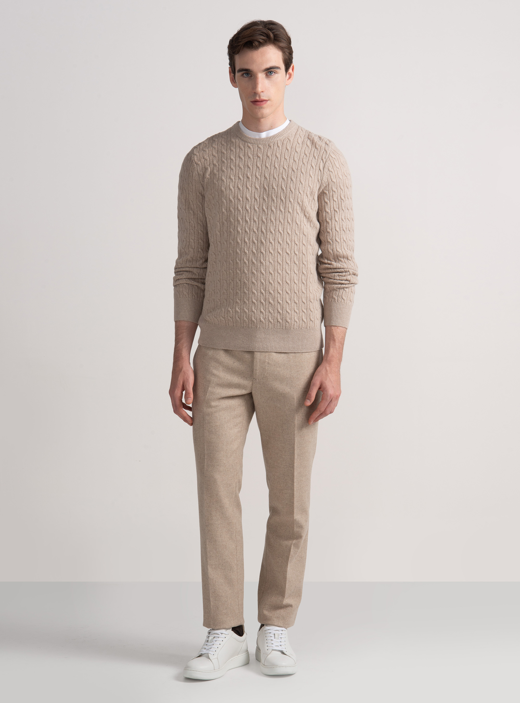 Cashmere wool crew-neck sweater with braid, ECRU