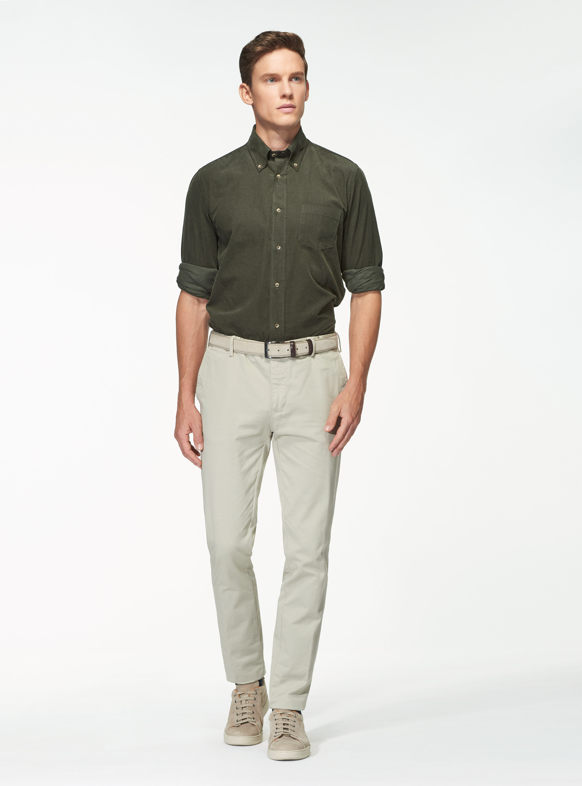 Camicia collo button down in velluto di cotone, MILITARE 0609C