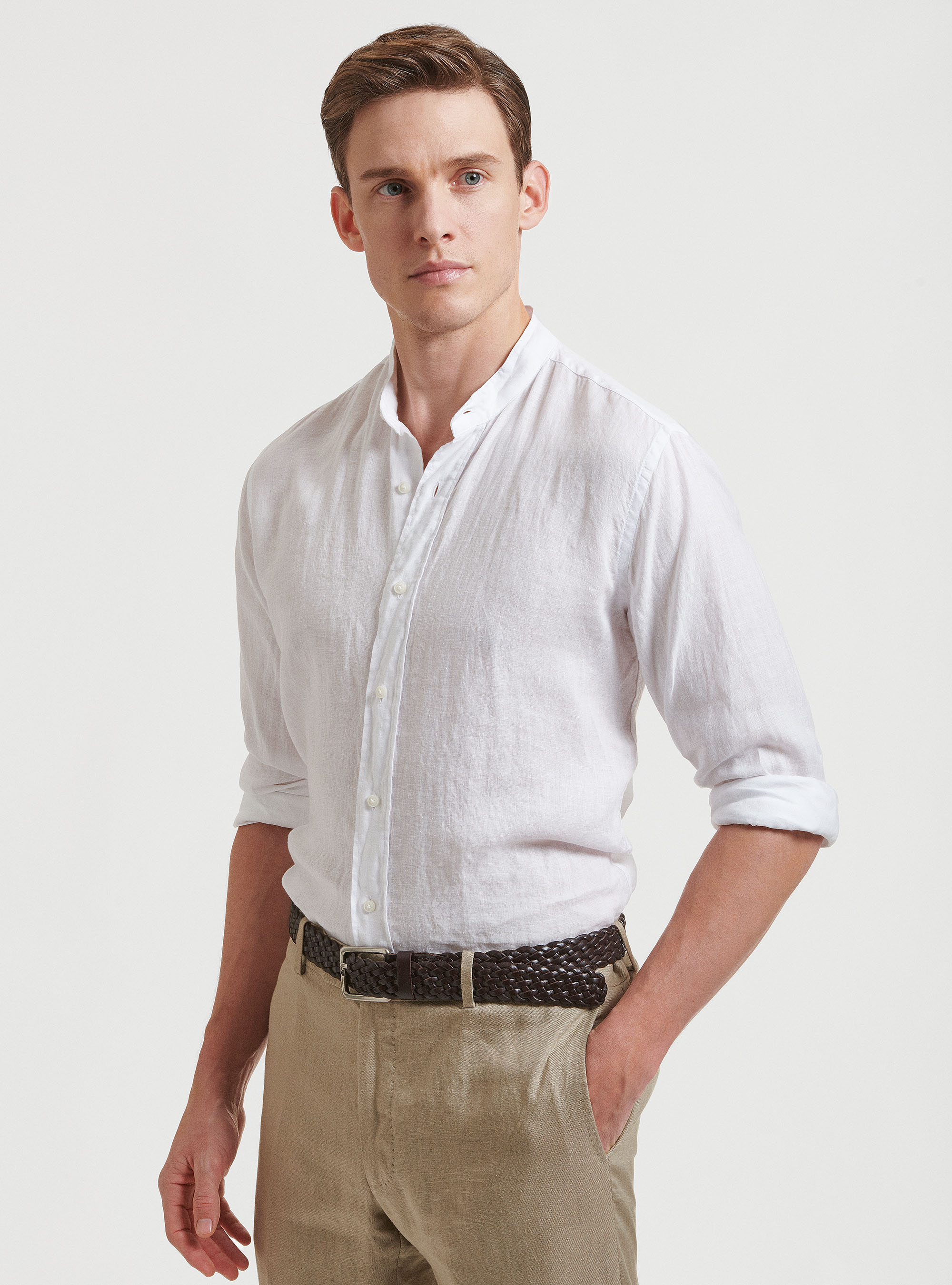 Camisa de cuello coreano 100% lino, BLANCO