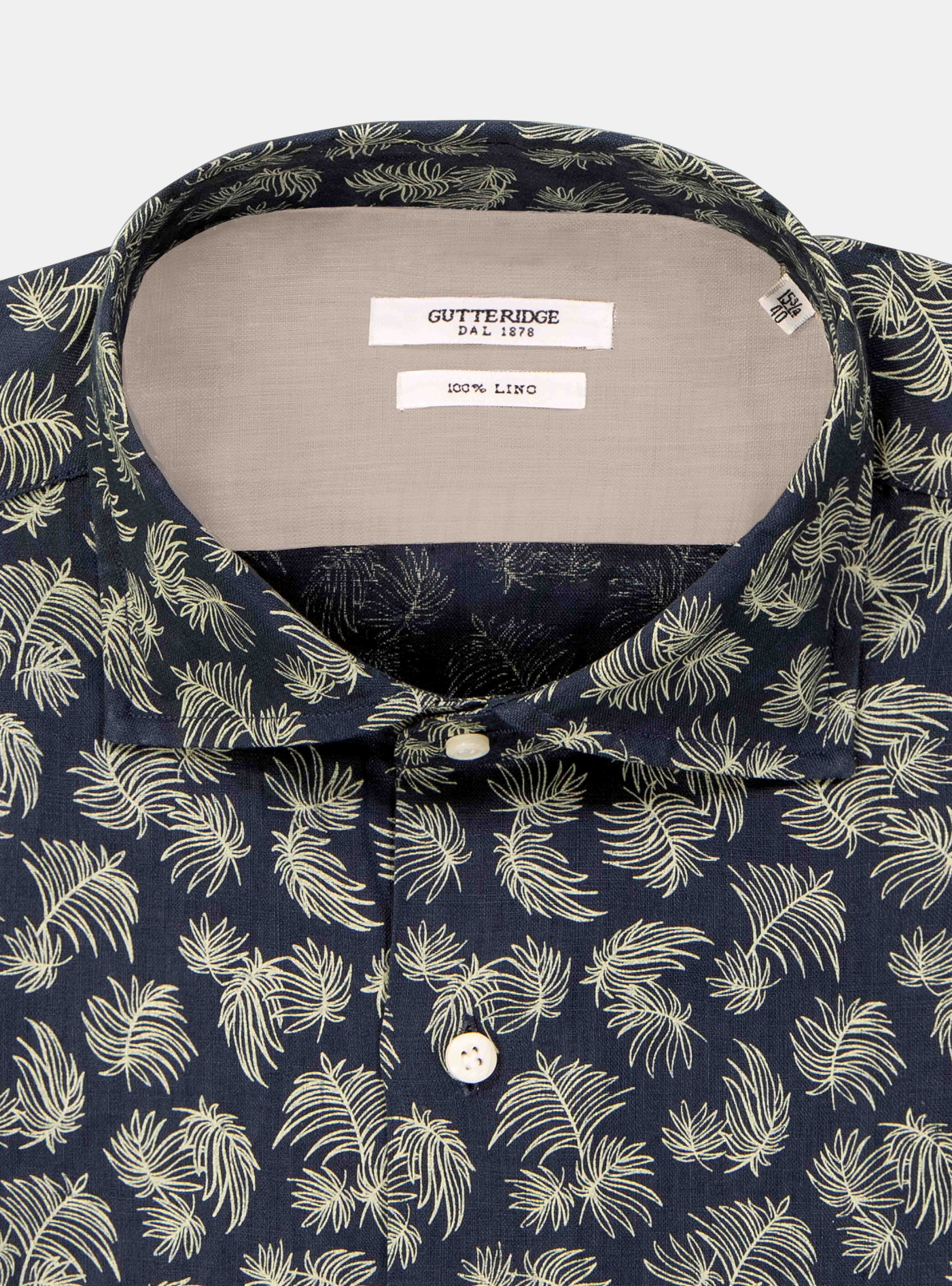 Printed linen french collar shirt, BLUE