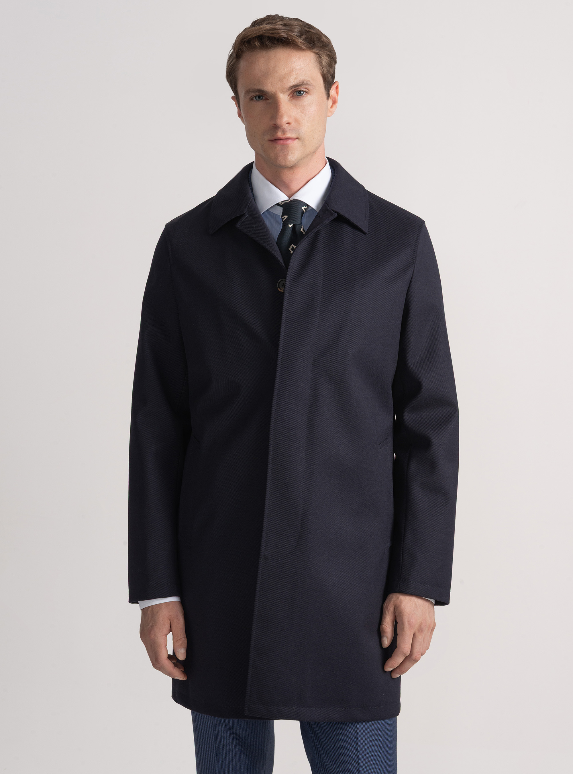 Gabardina en sarga de mezcla de lana, AZUL MARINO