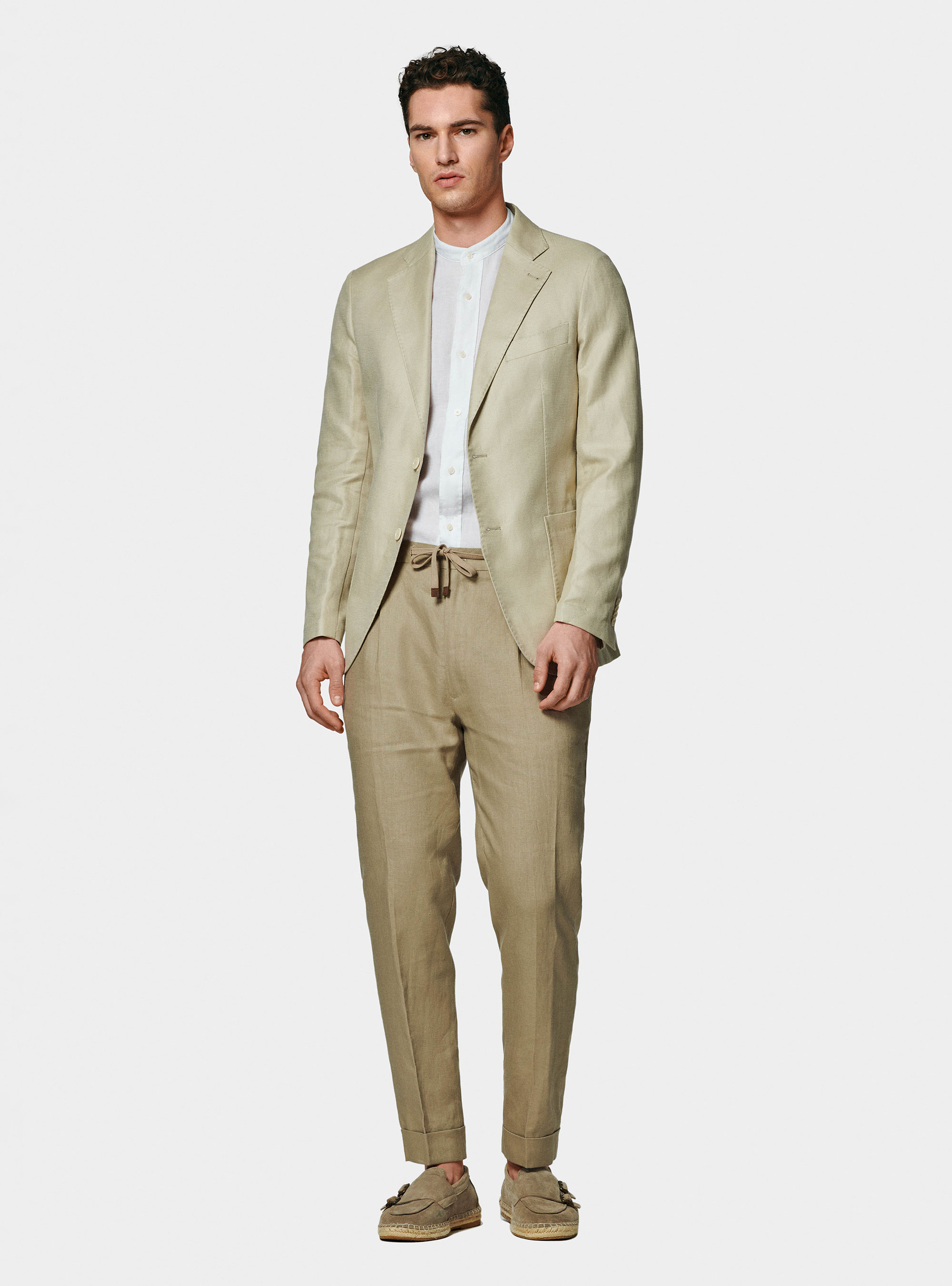 Giacca hopsack in cotone e lino, SABBIA