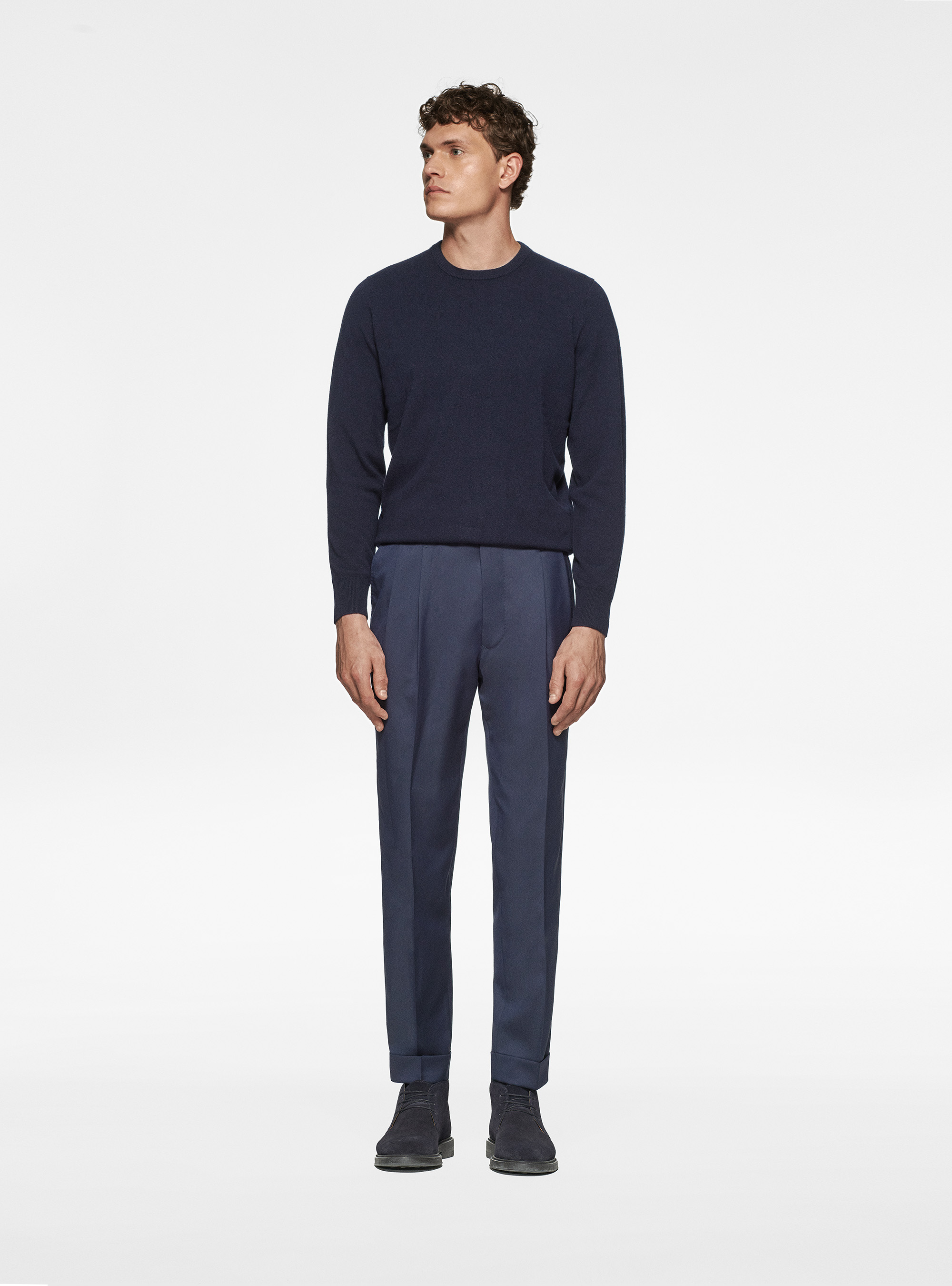 Maglia girocollo in lambswool e cashmere, BLU NAVY