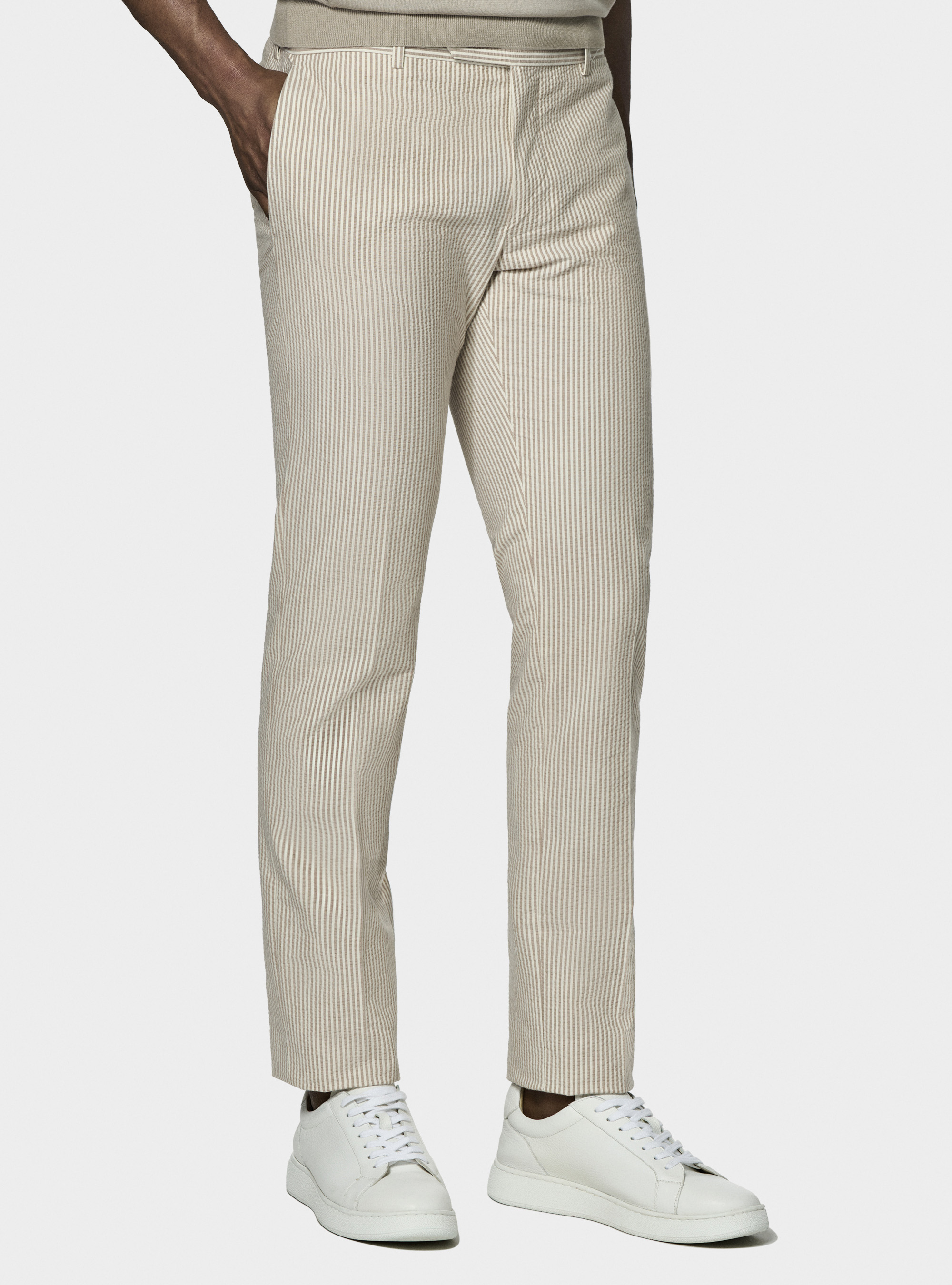 Pantaloni seersucker in misto cotone rigato, SABBIA