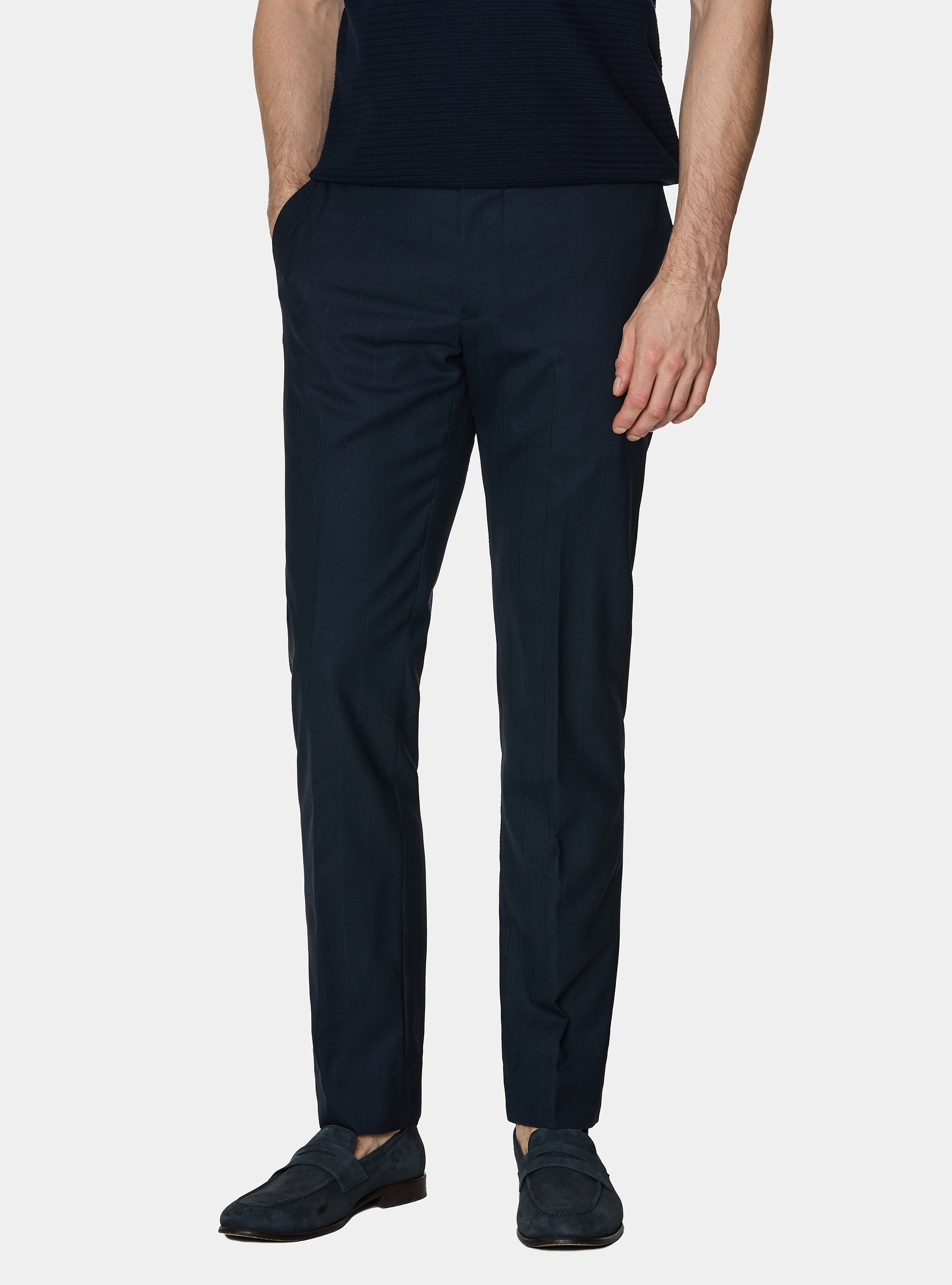 100% wool pinstripe suit trousers, NAVY BLUE