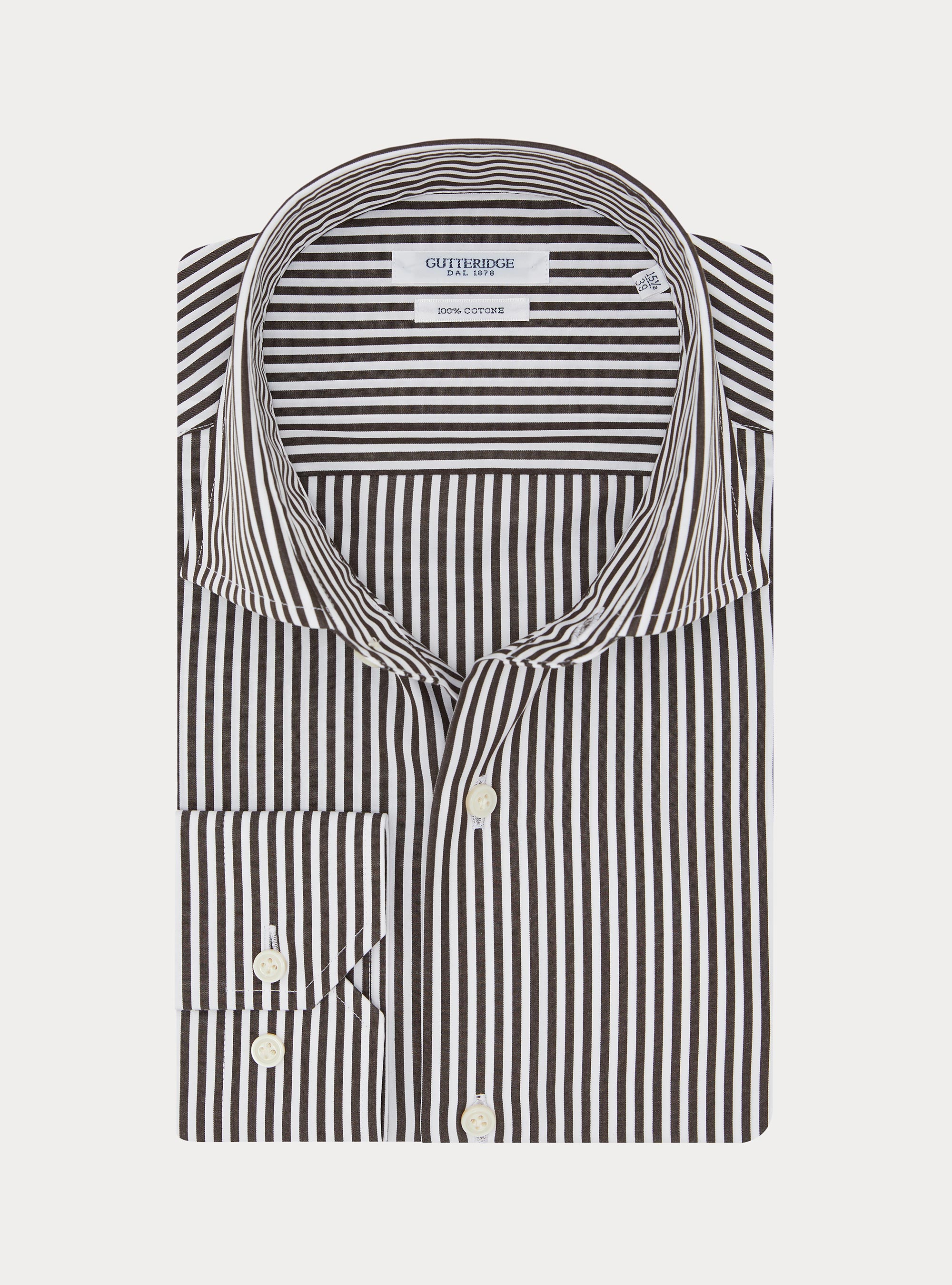 Camicia rigata cotone popeline collo semifrancese, MARRON