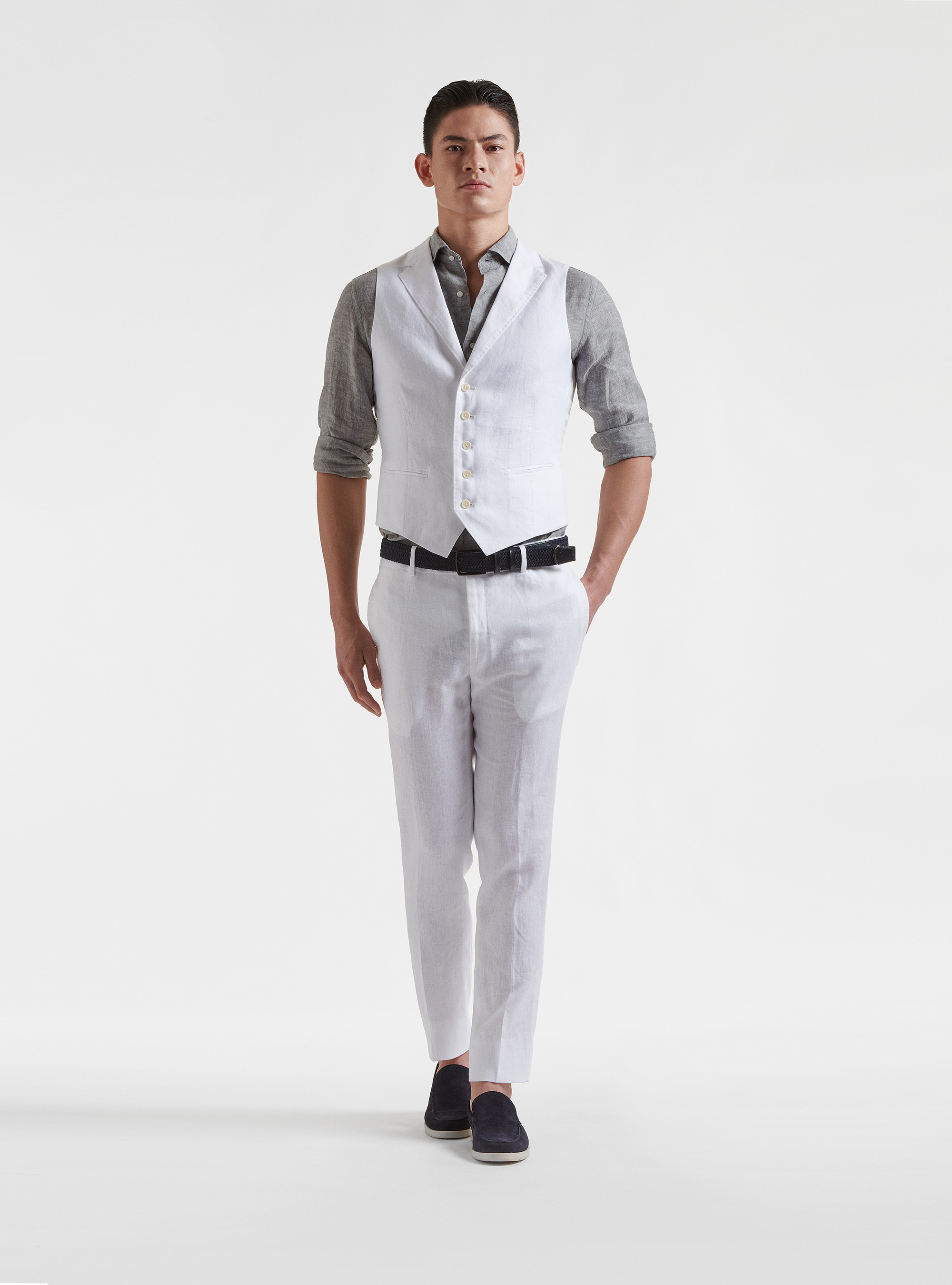 Gilet monopetto in puro lino con revers, BIANCO