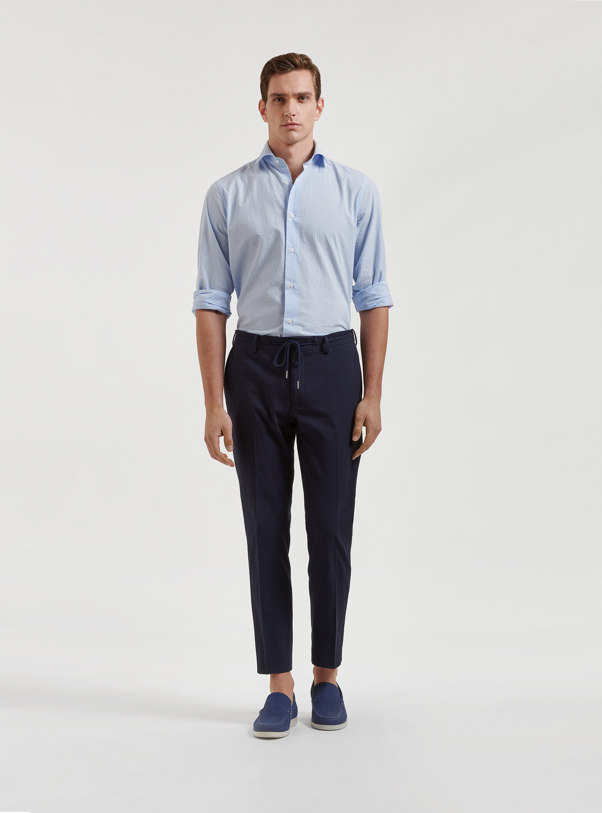 Pantaloni micro fantasia seersucker con coulisse, BLU NAVY