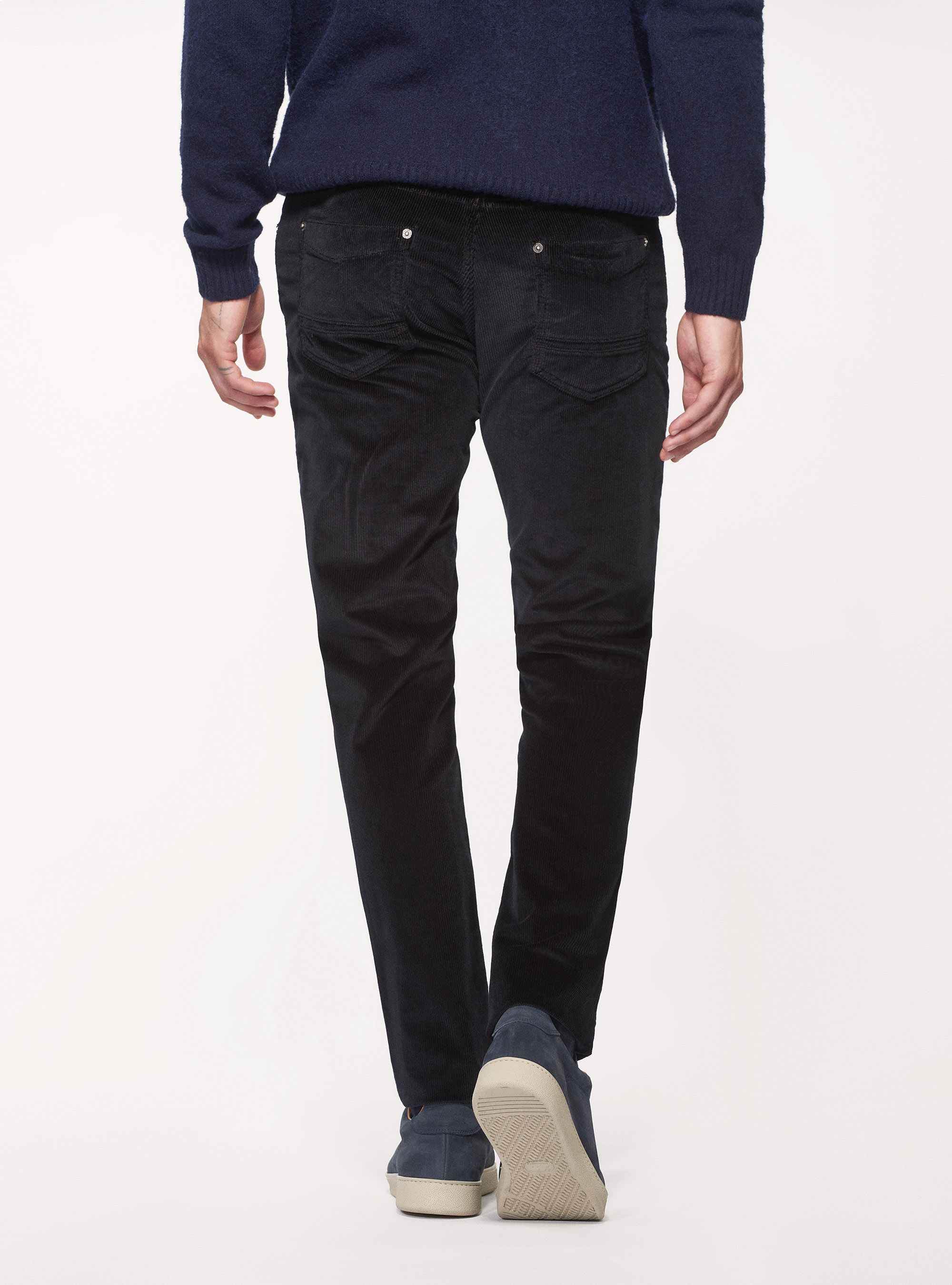 Pantaloni cinque tasche in velluto di cotone stretch, BLU NAVY