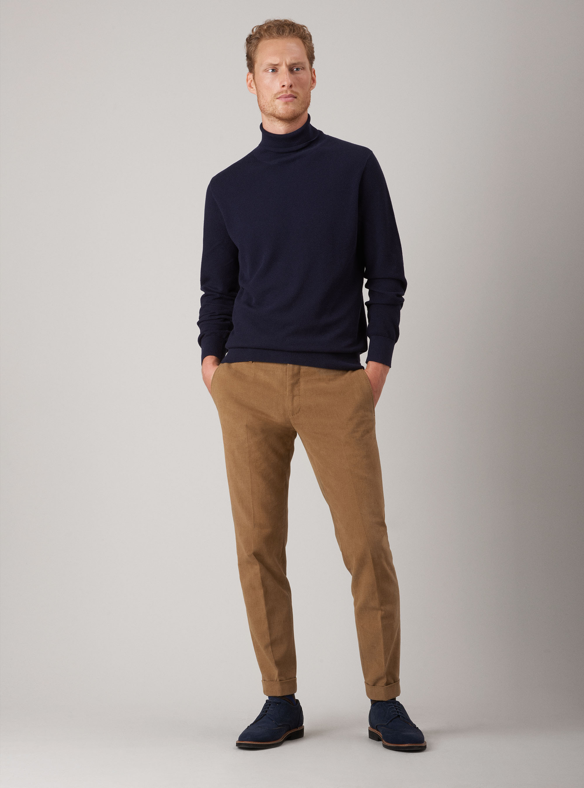 Jersey cuello alto puntada de arroz en algod&oacute;n y cachemira, AZUL MARINO