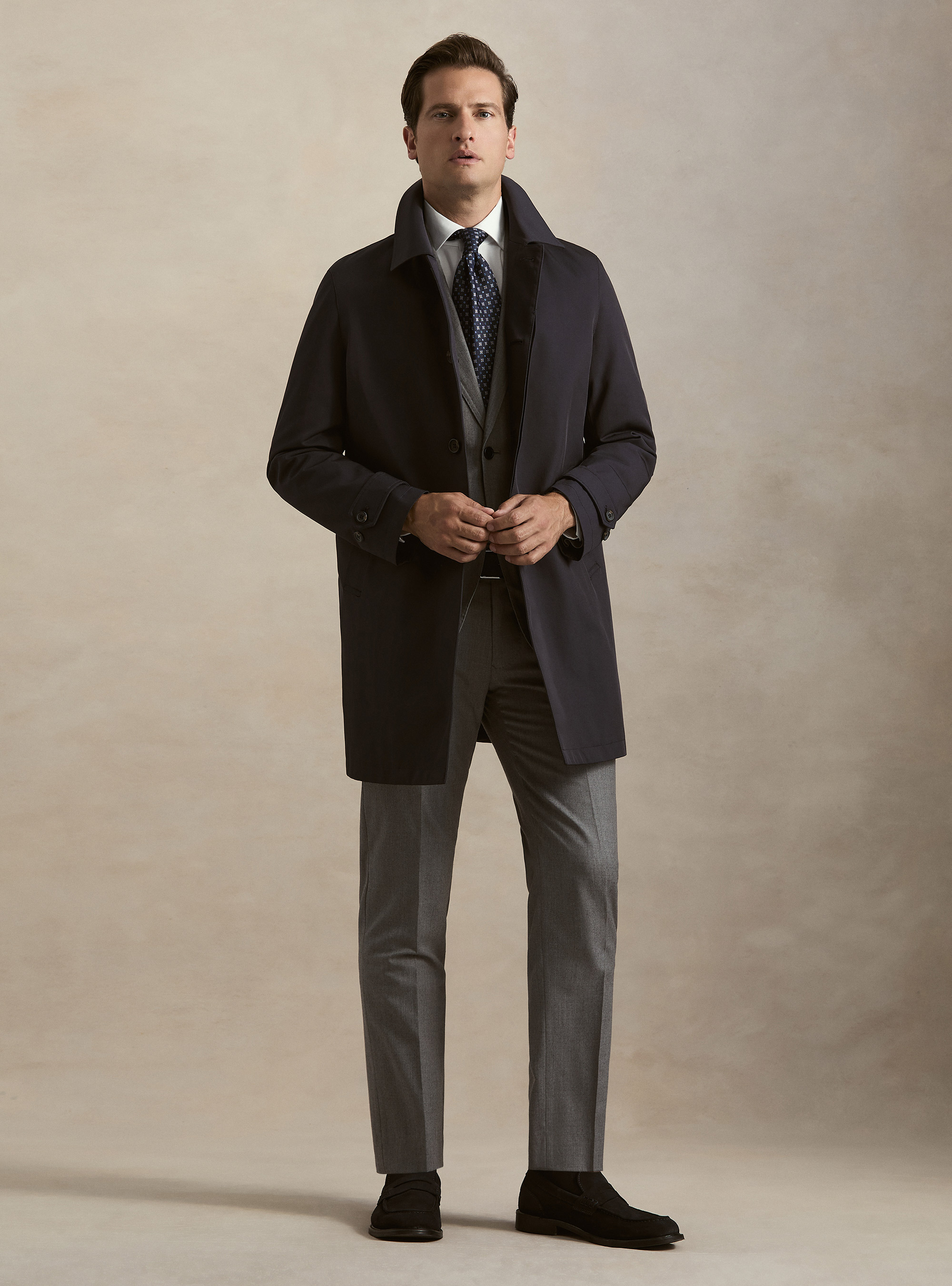 Single-breasted padded cotton blend raincoat, NAVY BLUE