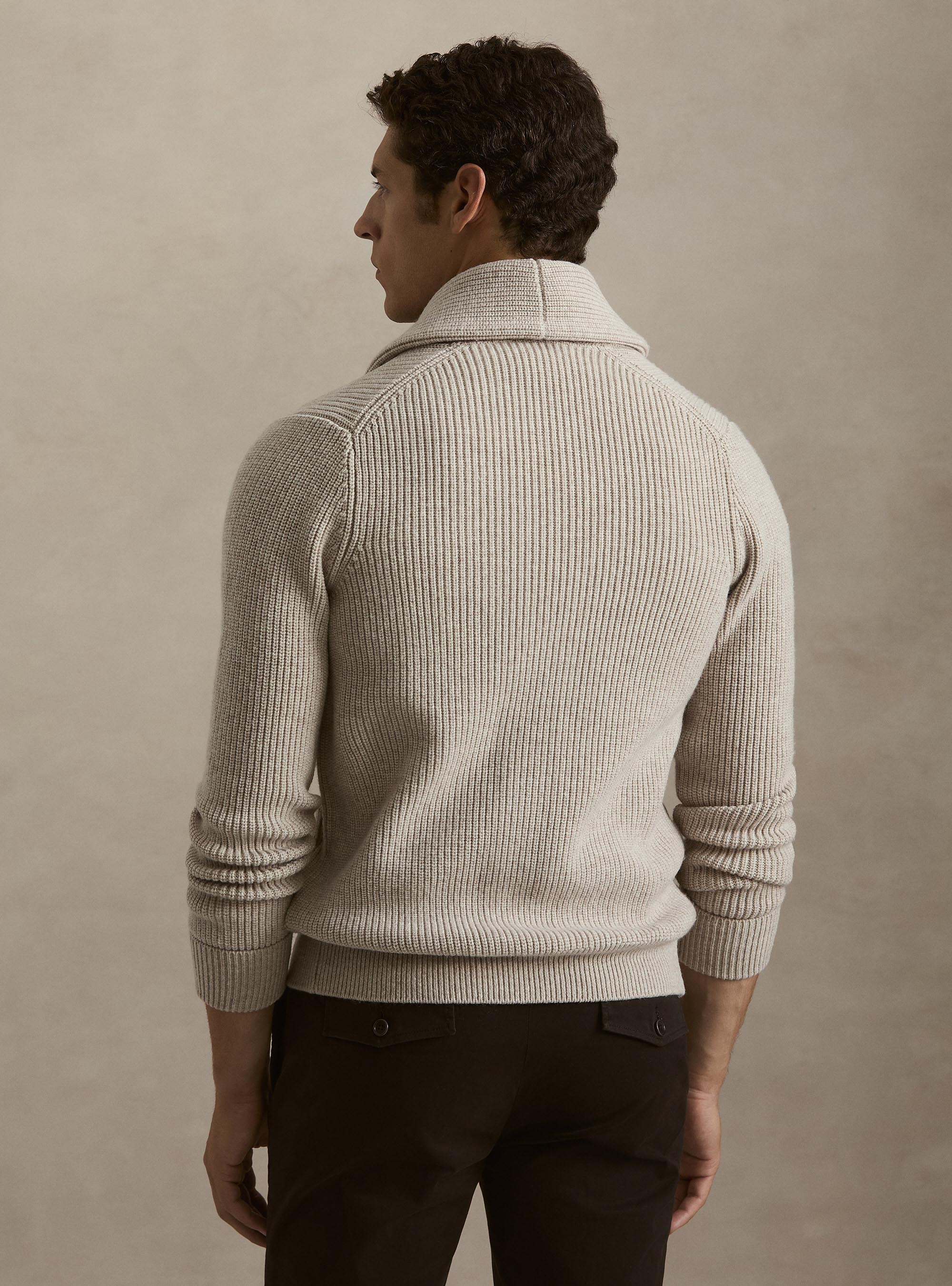 Merino wool shawl collar cardigan, ECRU