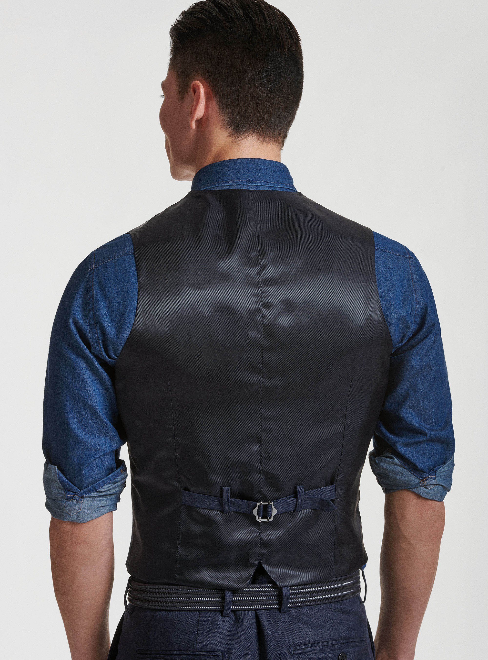 Gilet monopetto in puro lino con revers, BLU NAVY