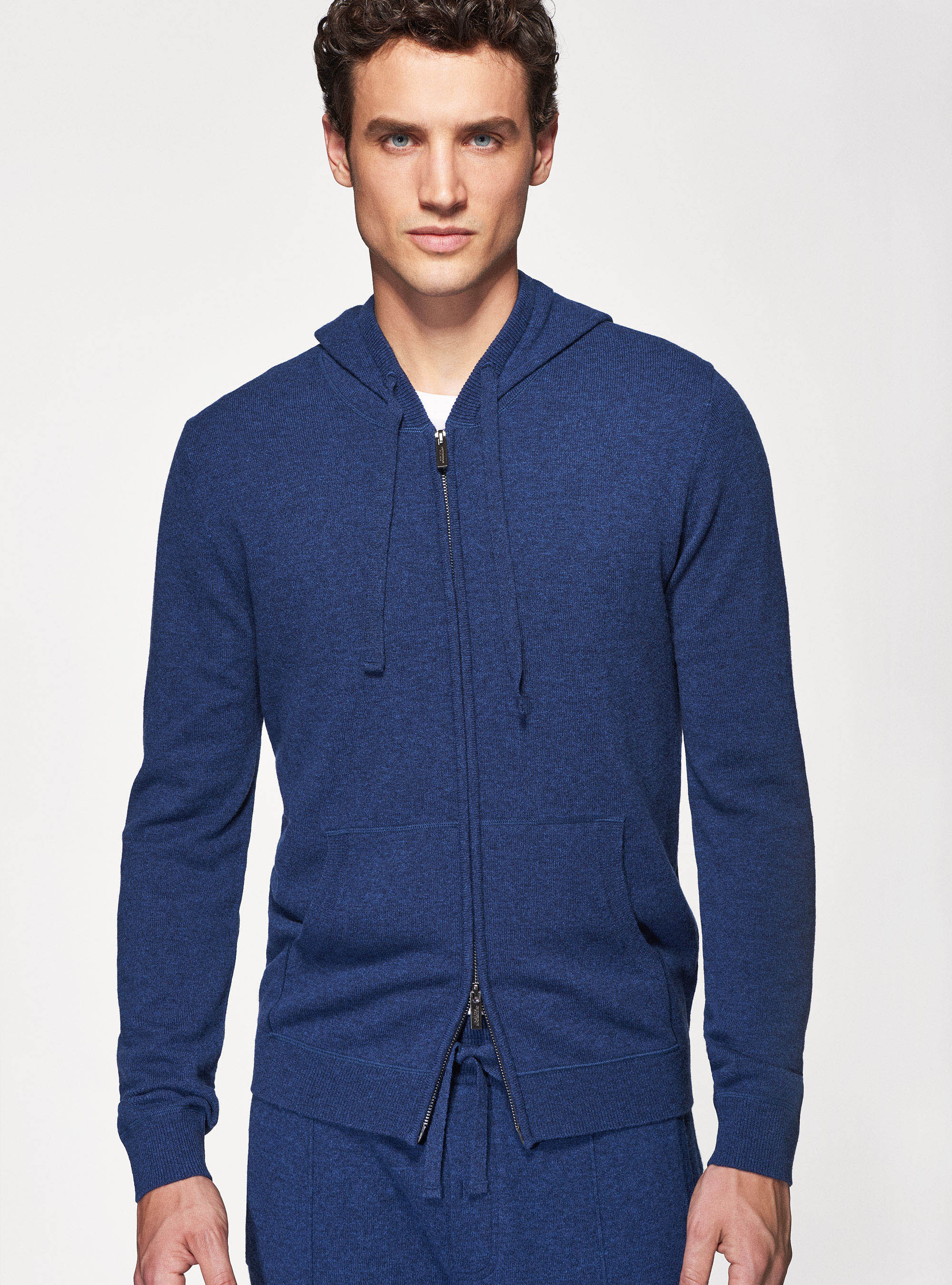 Full-zip hooded sweater in cashmere wool, INK