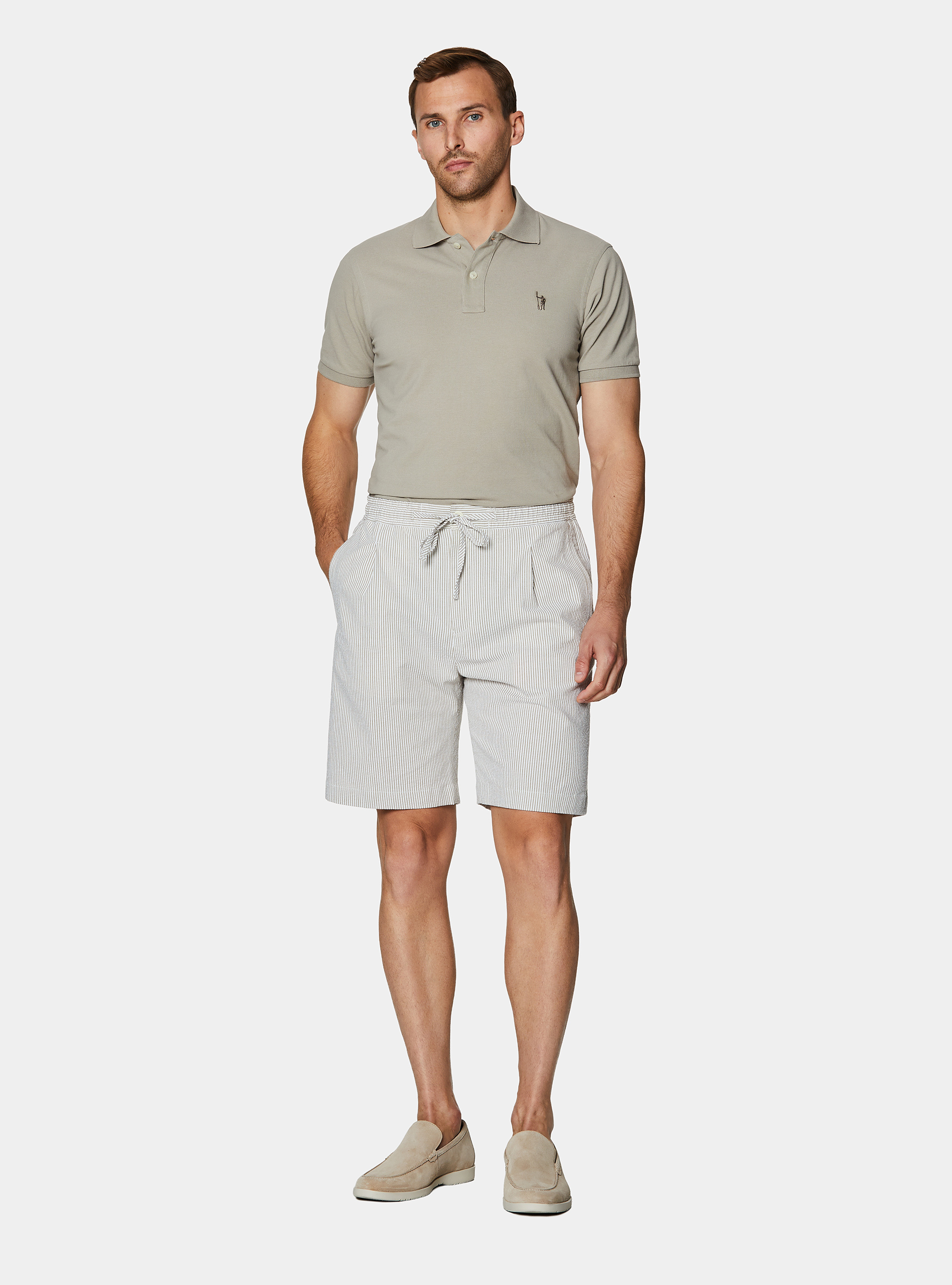 Stretch seersucker cotton Bermuda shorts with drawstring, SAND