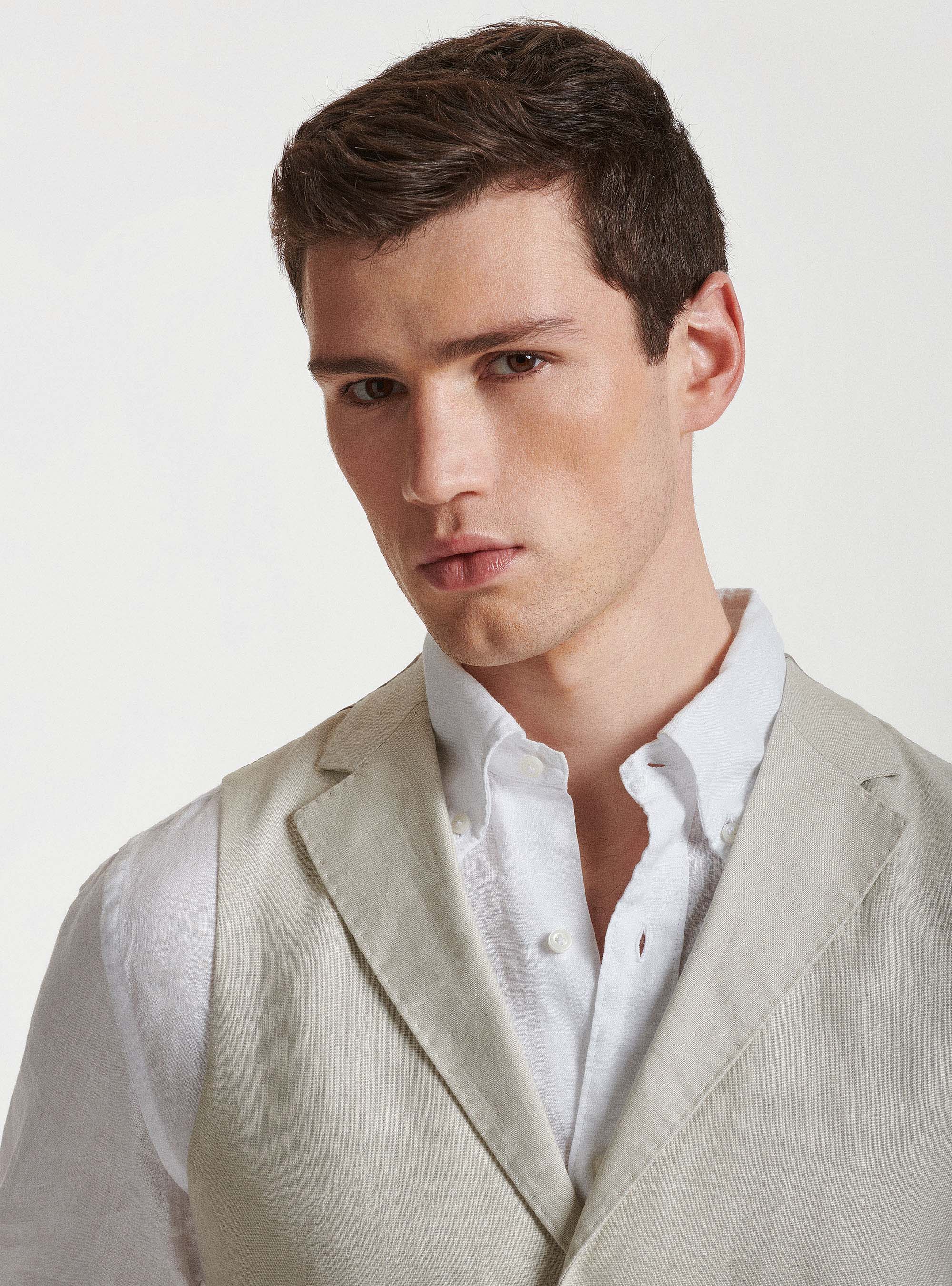 Gilet monopetto in puro lino con revers, ECRU