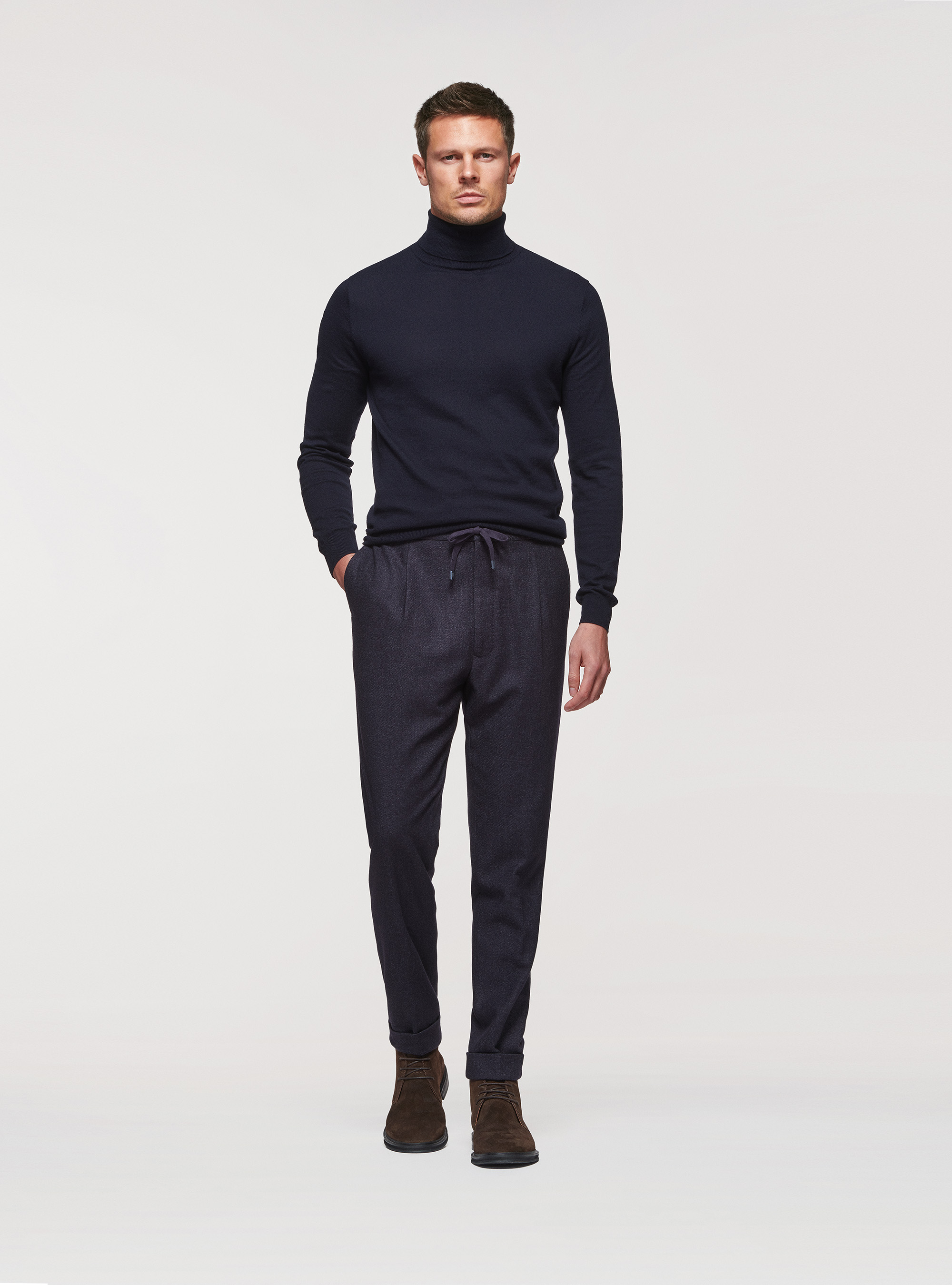 Pantaloni con pinces in flanella di lana Duemilagori, BLU NAVY