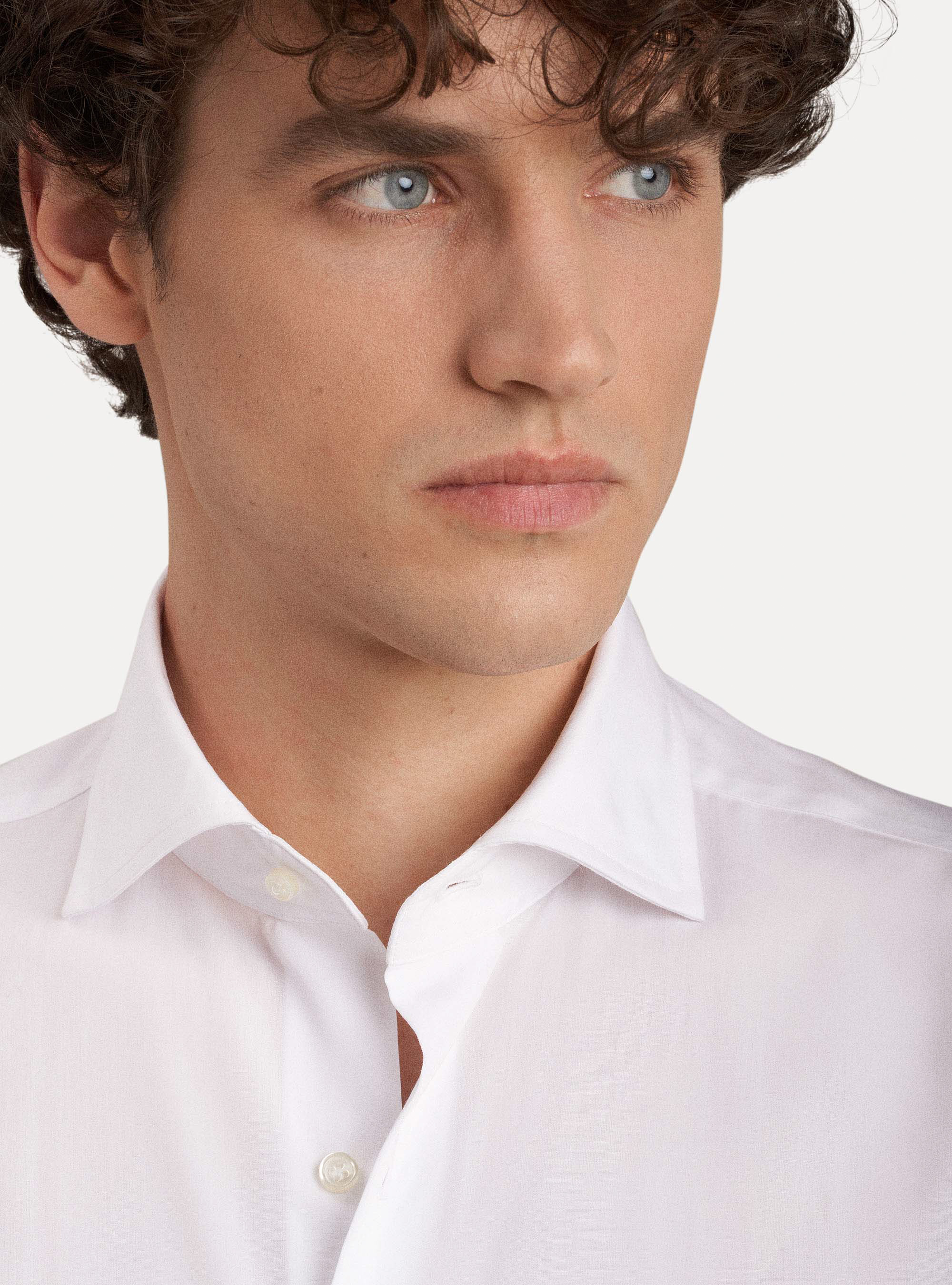 Camicia collo francese semiaperto in fil a fil di cotone, BIANCO