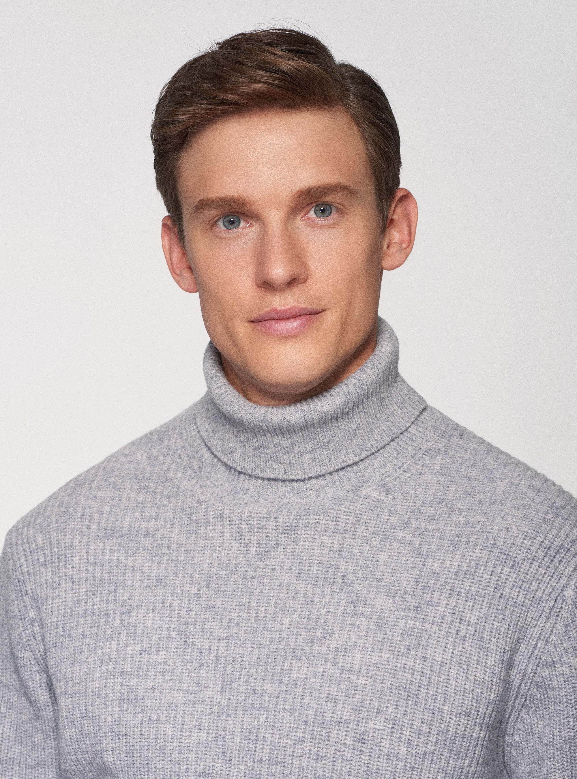 Maglia collo alto di lana lambswool in costa perlata, GRIGIO MELANGE 0151C