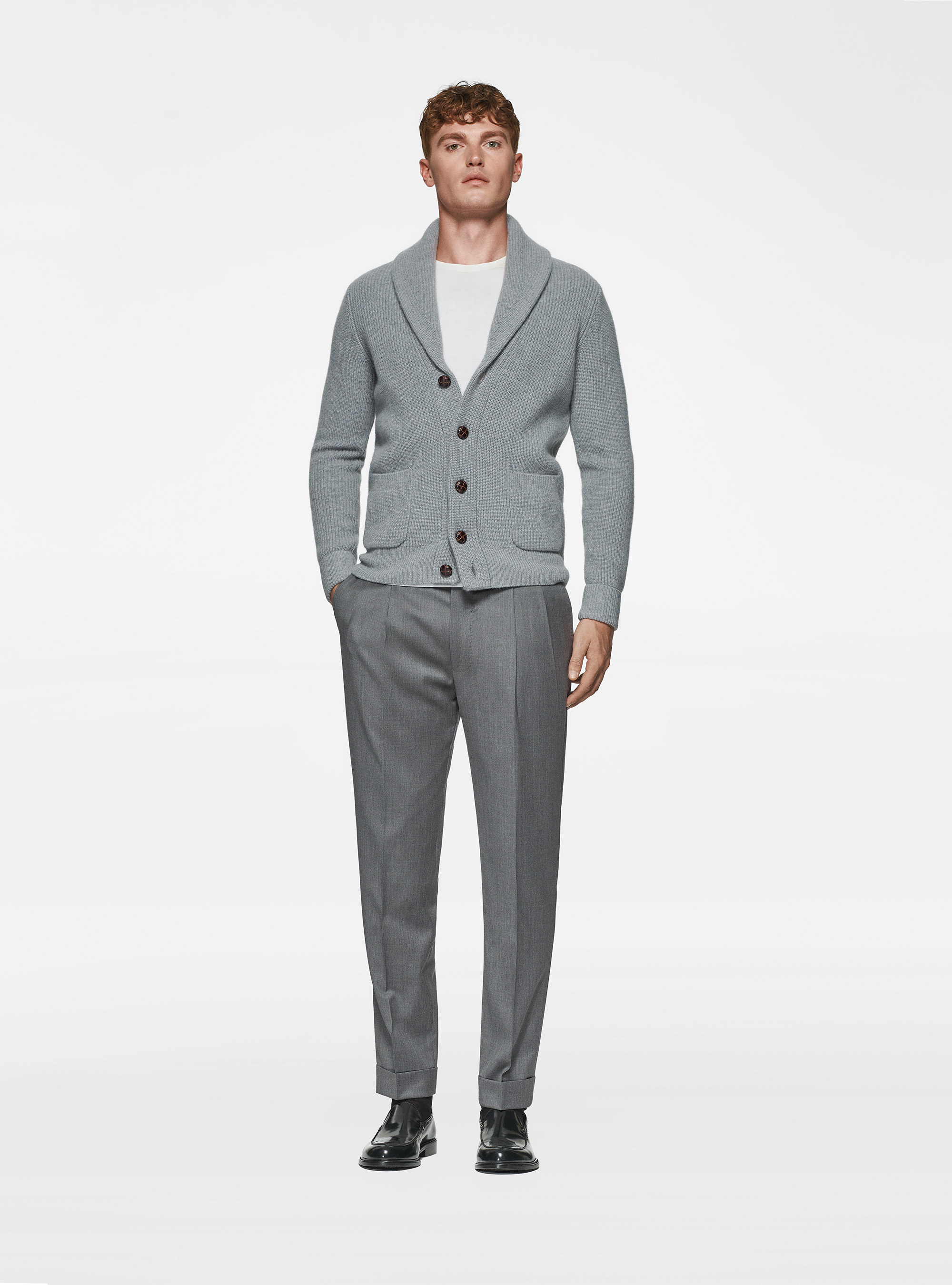 Cardigan in maglia sciallata in pura lana merino, GRIGIO MELANGE 0151C