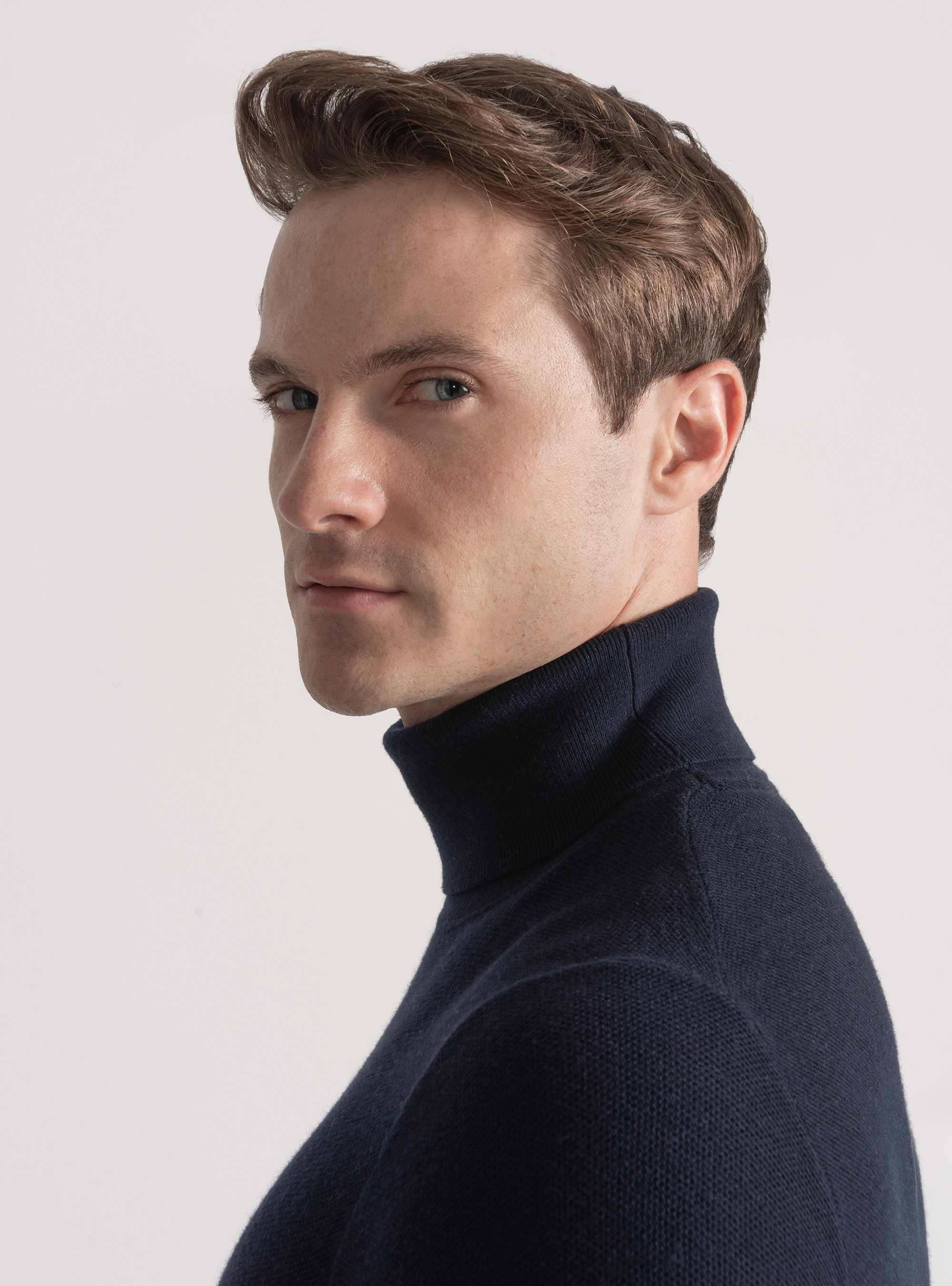 Cotton cashmere honeycomb turtleneck, NAVY BLUE