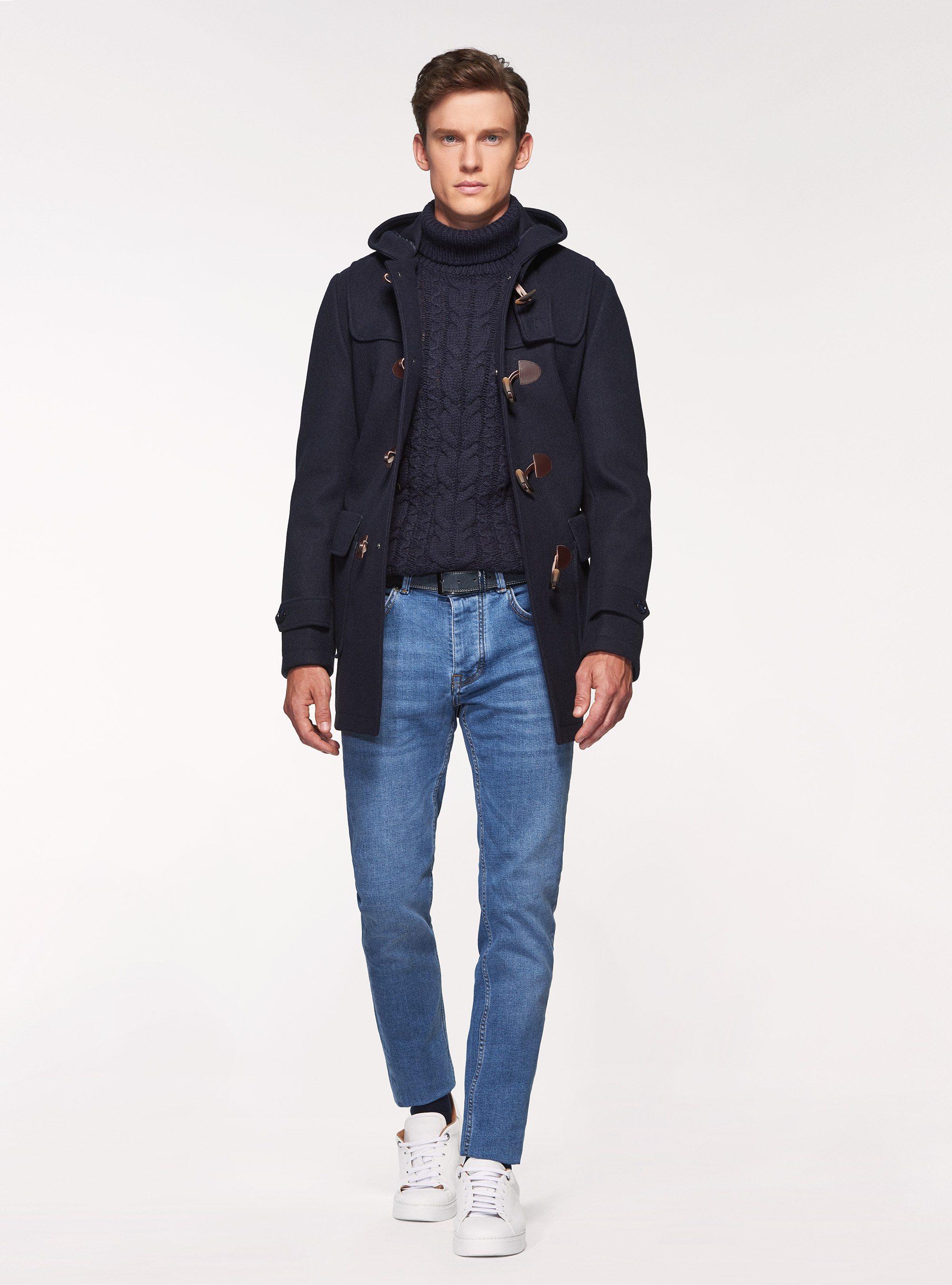 Abrigo de lana con capucha, AZUL MARINO