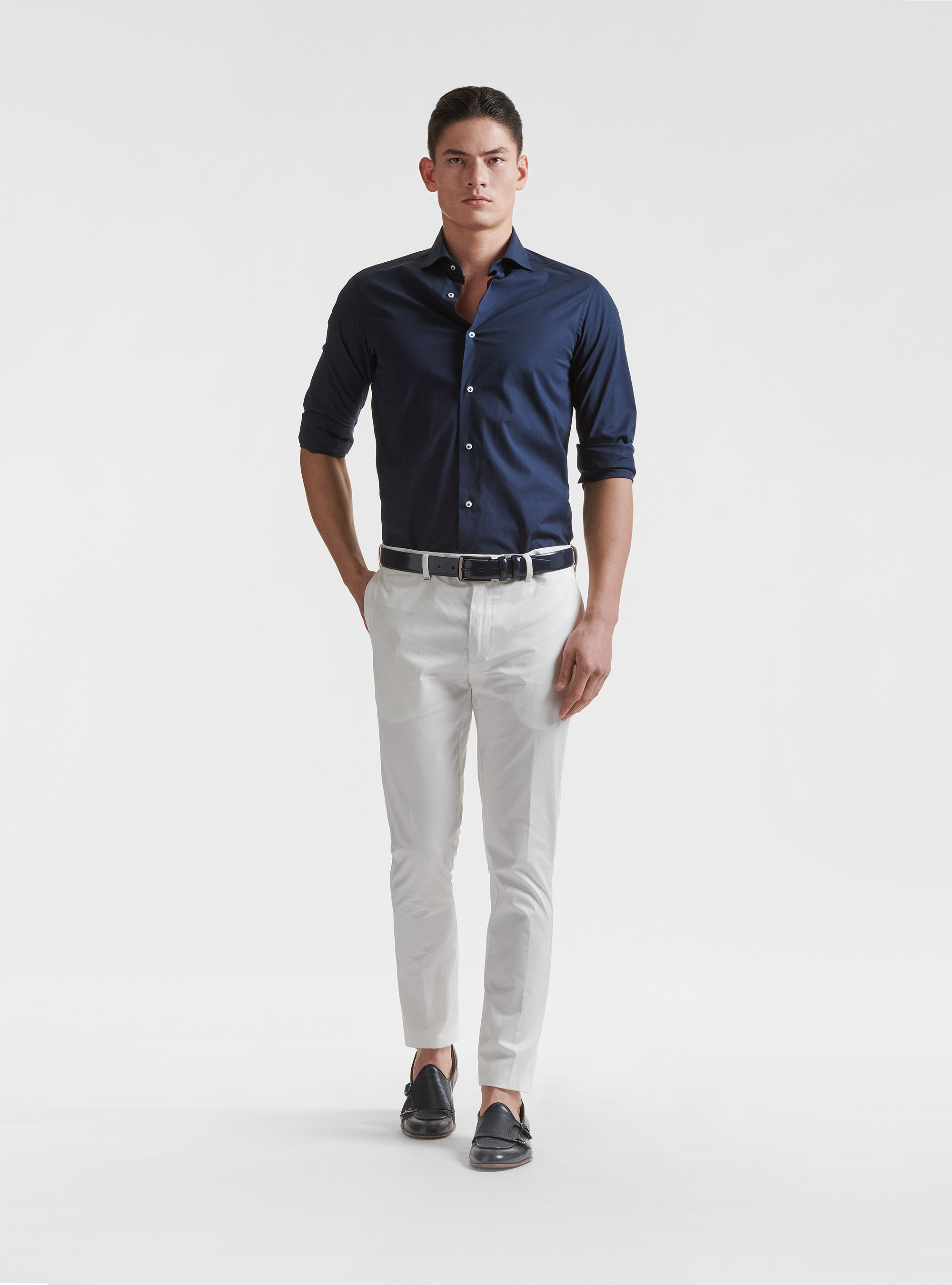 Camicia collo semi francese in popeline stretch, BLU NAVY