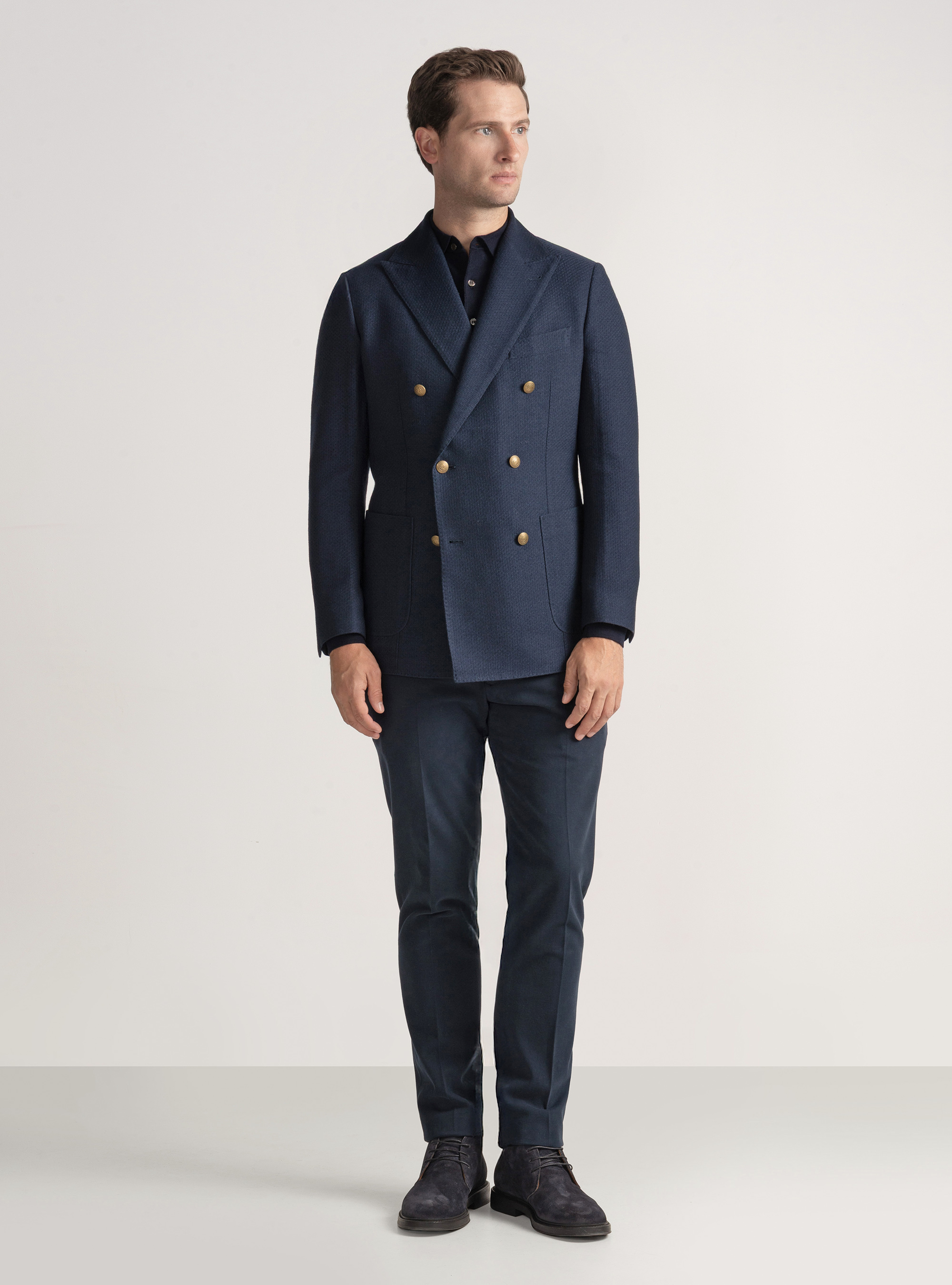 Giacca doppiopetto  giro inglese in lana e cotone, BLU NAVY