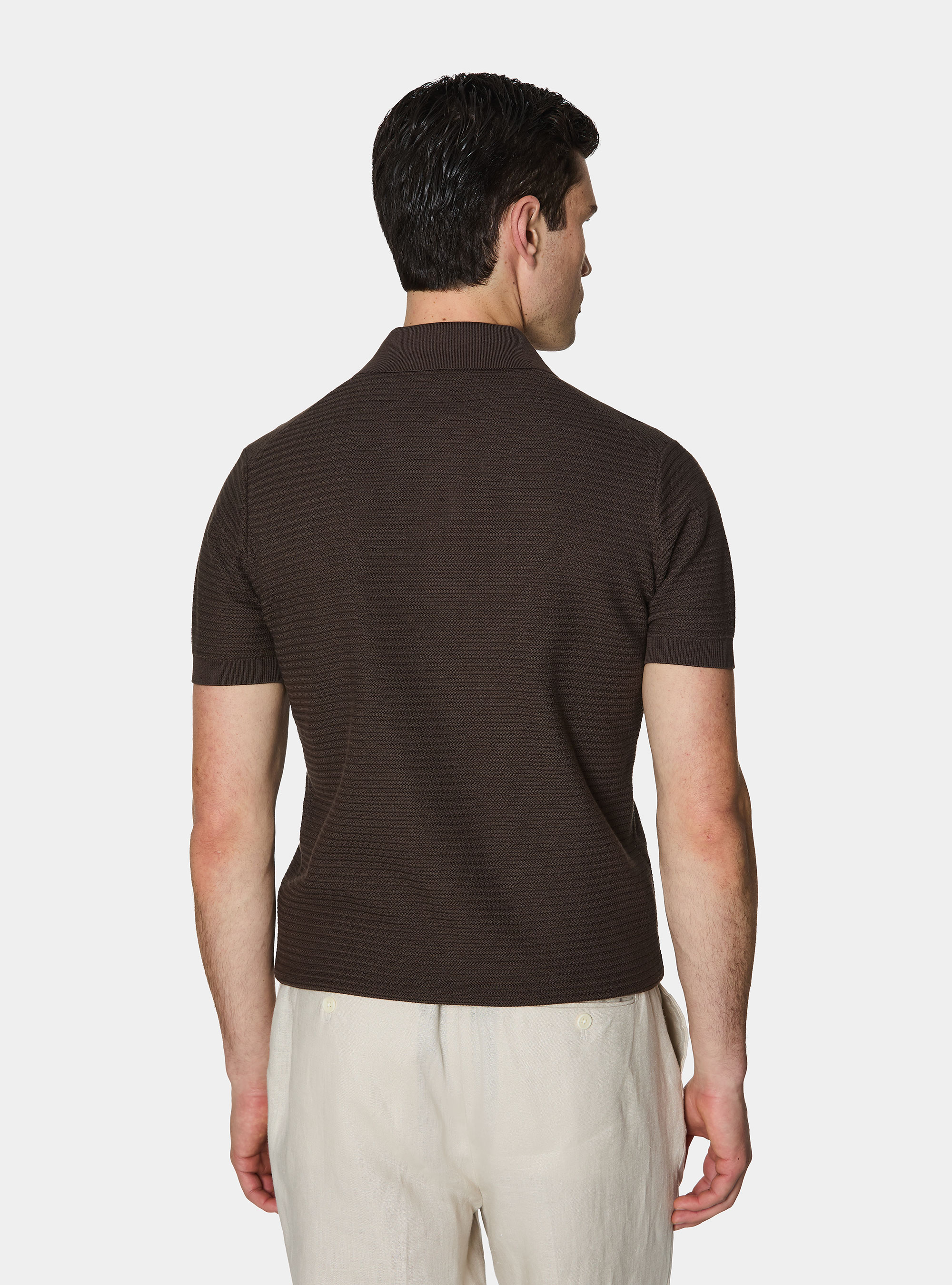 Textured cotton knit polo shirt, BROWN