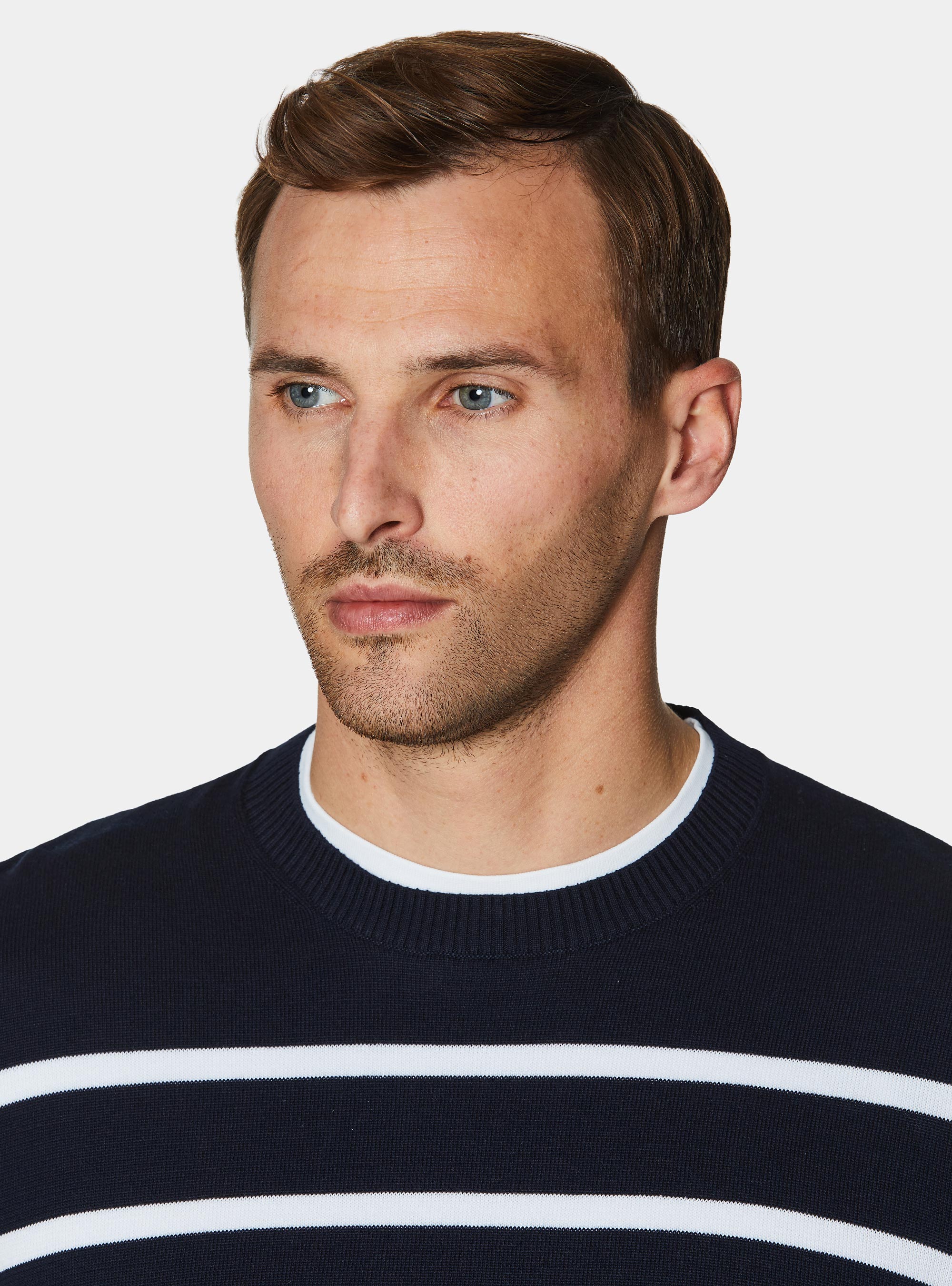 Crew-neck sweater in extra-fine striped cotton, NAVY BLUE
