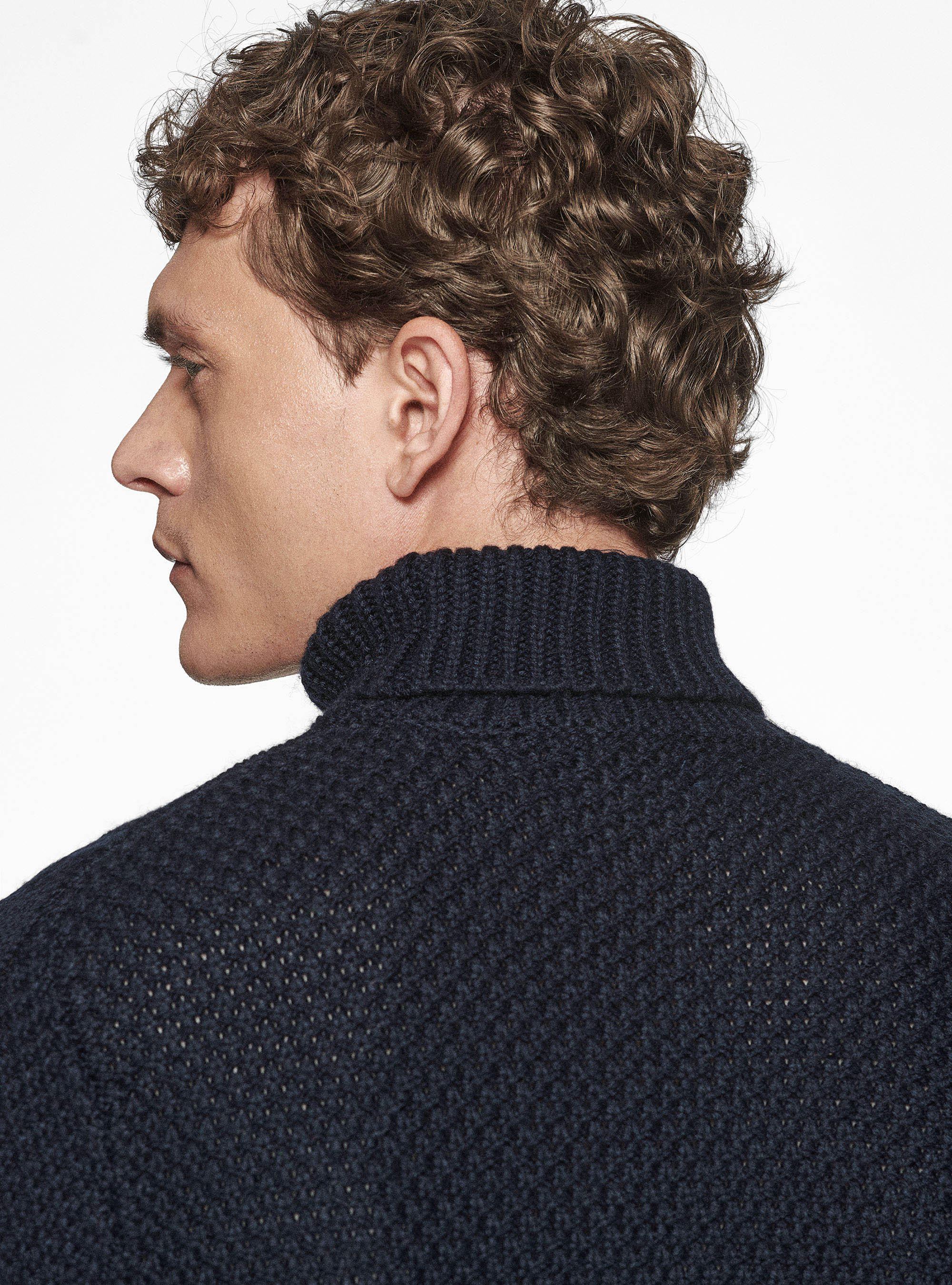 Maglia collo alto in misto lana con treccia, BLU NAVY