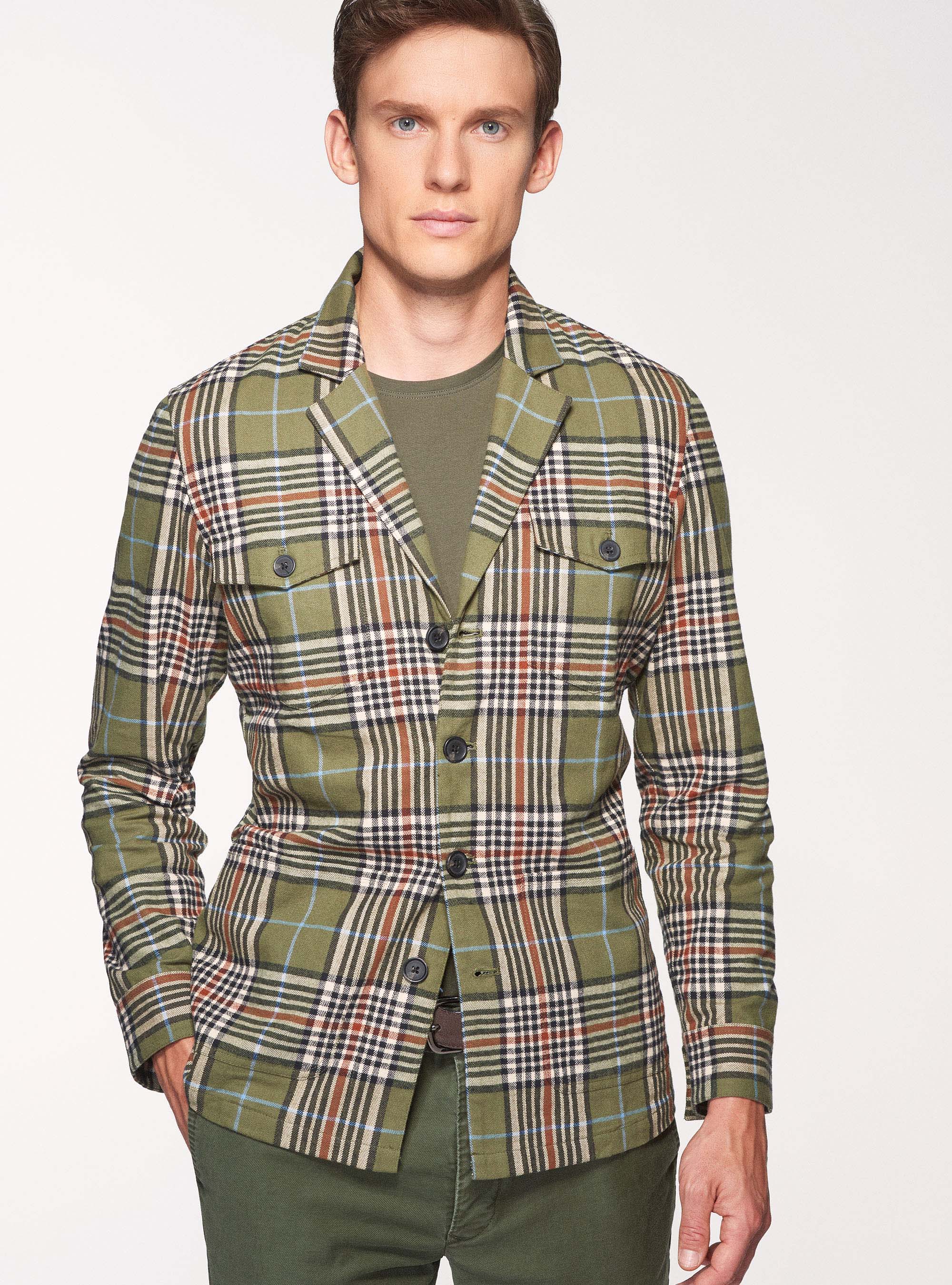 Giacca camicia a quadri in puro cotone, VERDE