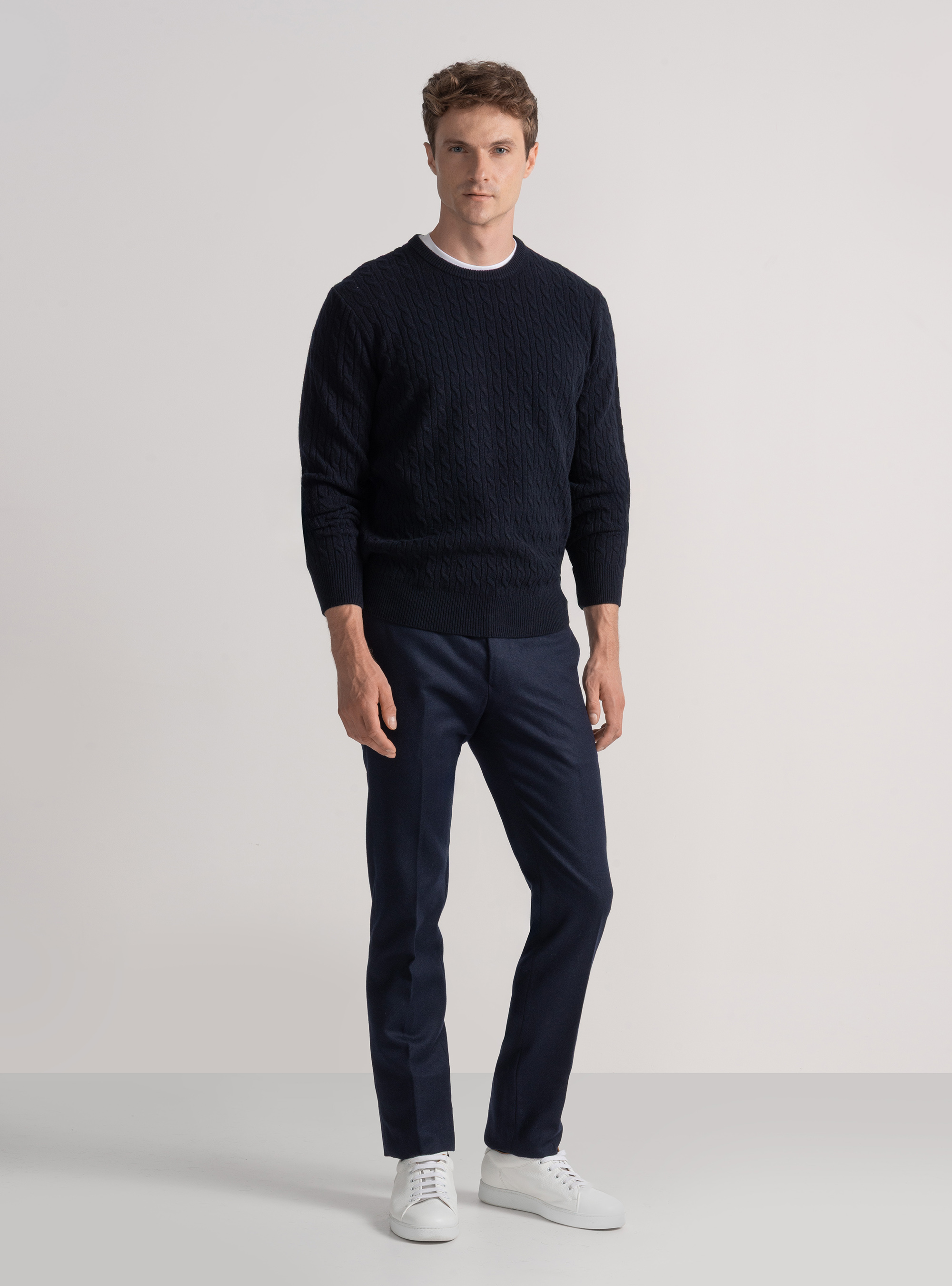 Cashmere wool crew-neck sweater with braid, NAVY BLUE