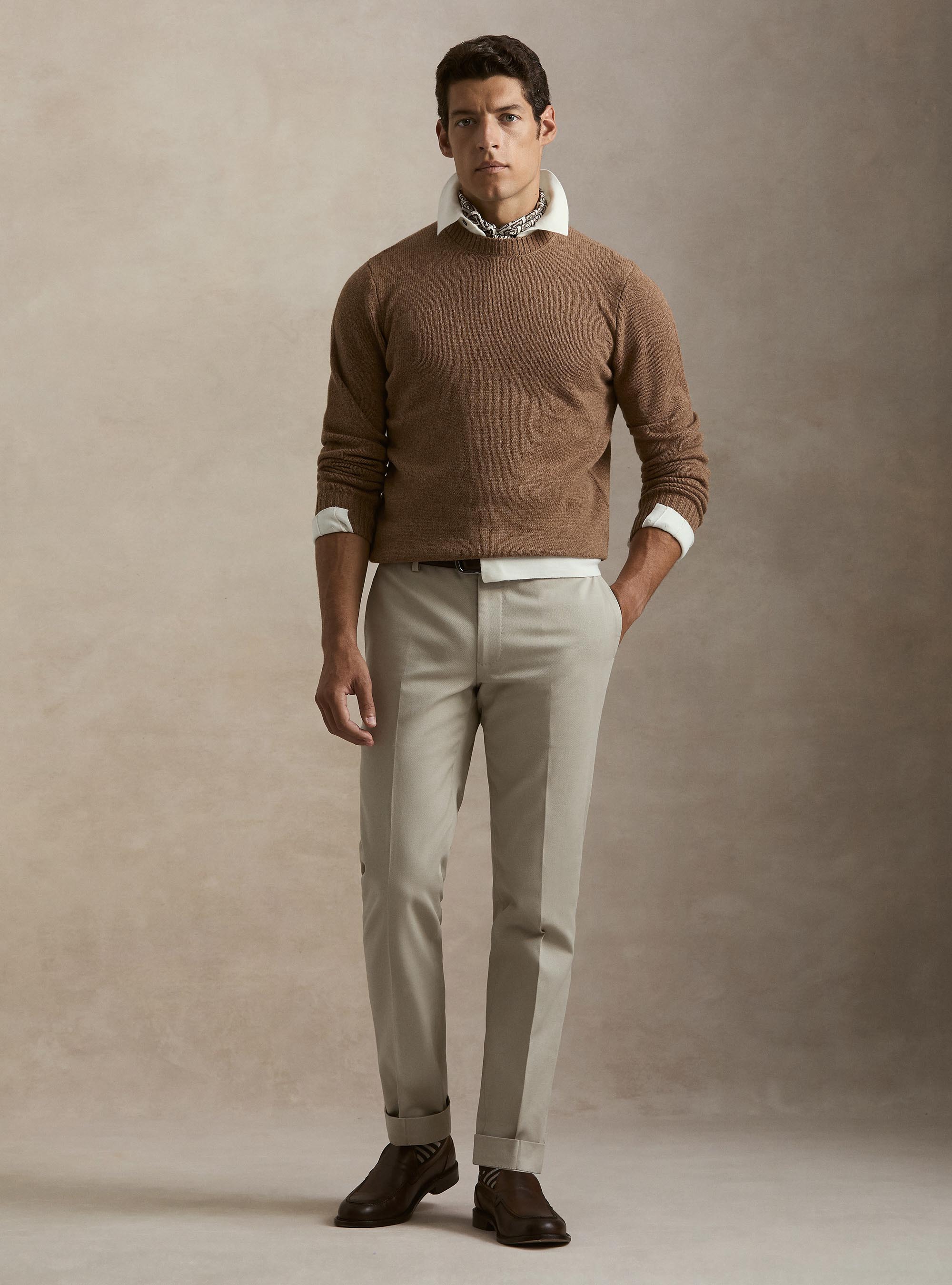 Pure Shetland wool crewneck sweater, HAZELNUT