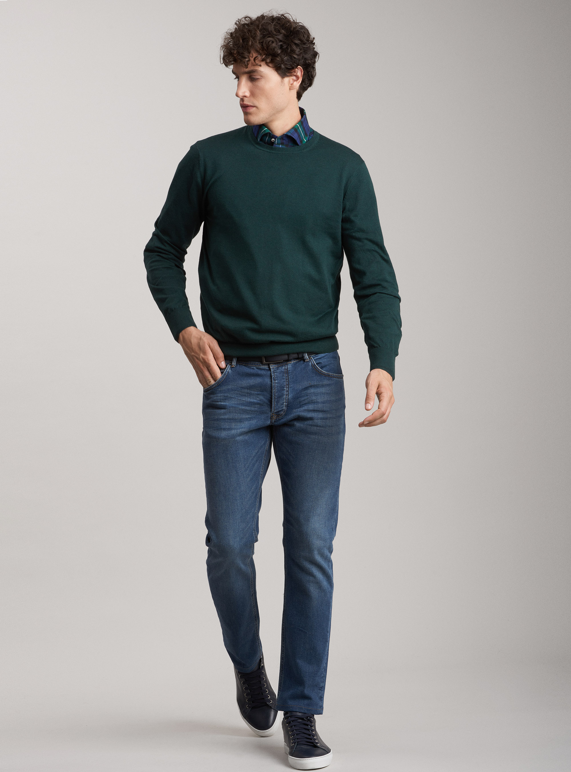 Maglia girocollo in cotone seta e cashmere, VERDE